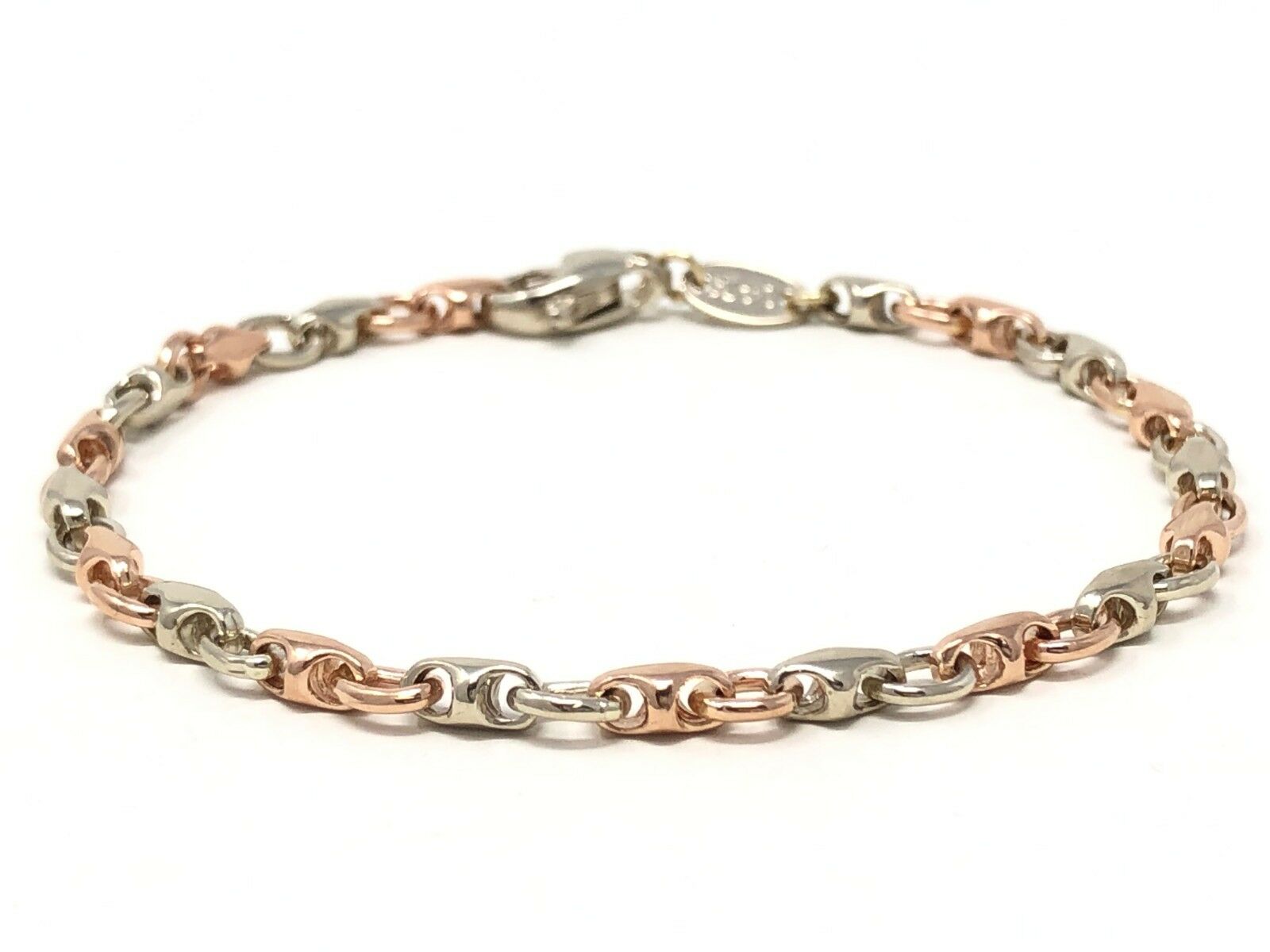14k Rose & White Gold Handmade Fashion Link Bracelet 7.25" 4mm 9.4 grams - 7.25"