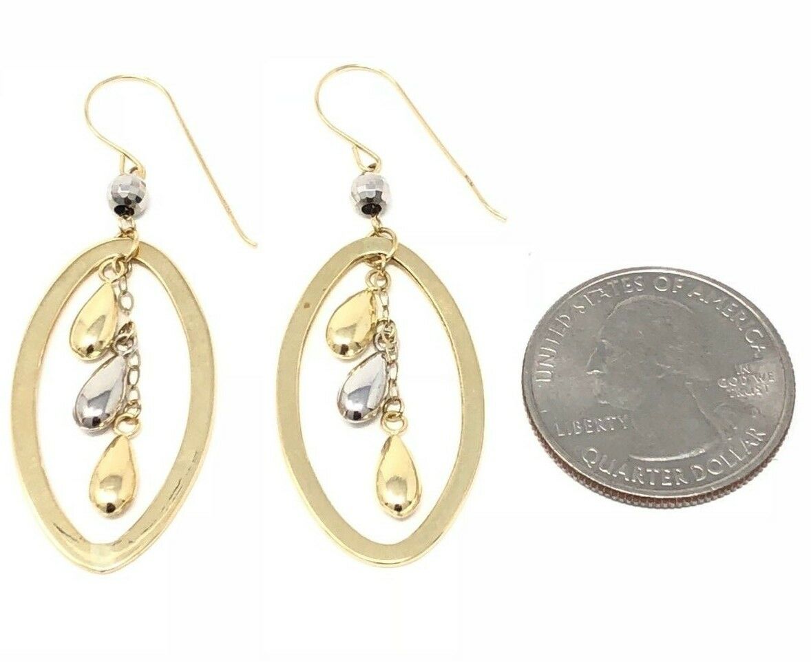 14k Two Tone Tear Gold Drop Oval Dangling Earrings 2" 2.7 grams