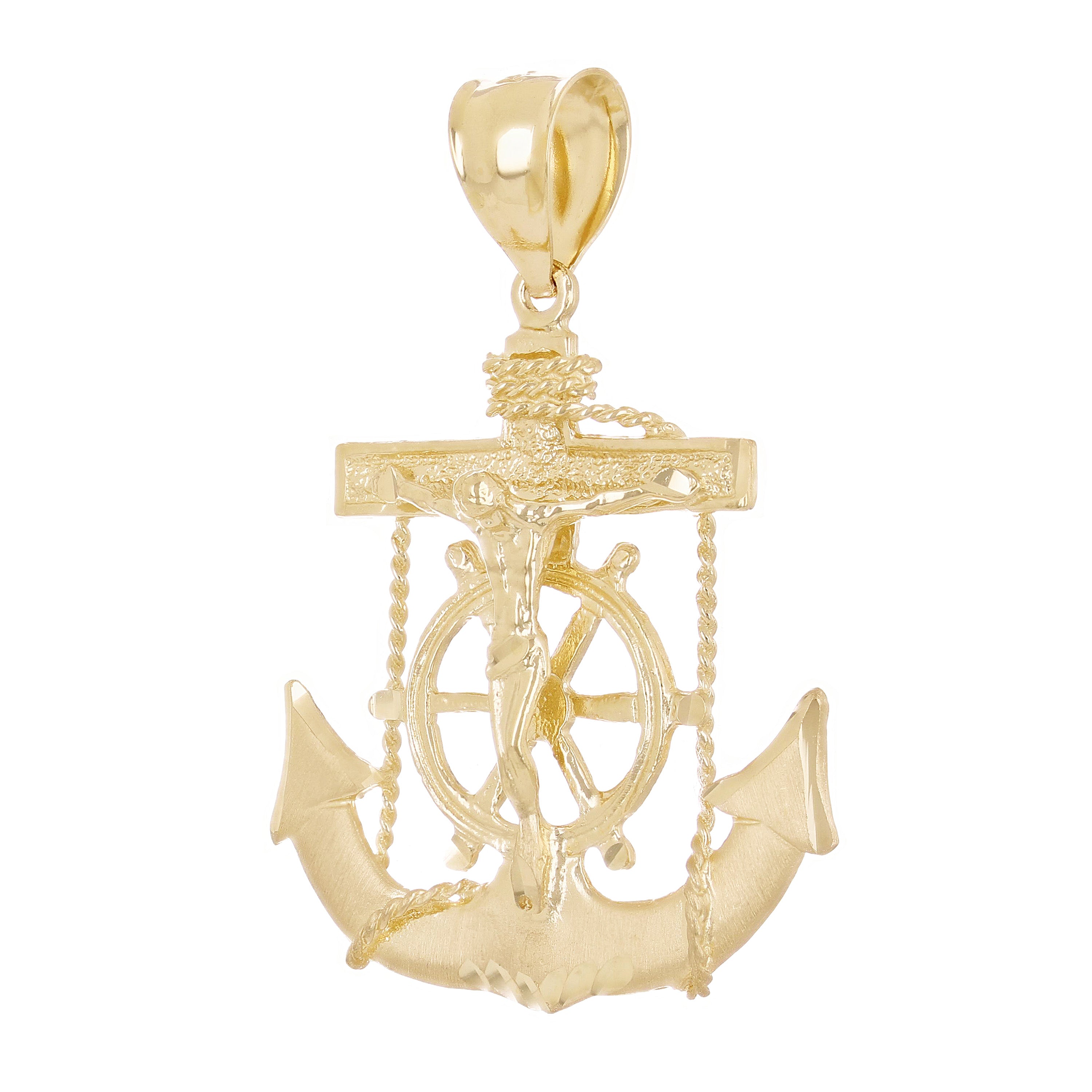 14k Yellow Gold Jesus Christ  Cross Anchor Ship Mariners Pendant 1.8" 6.2 grams