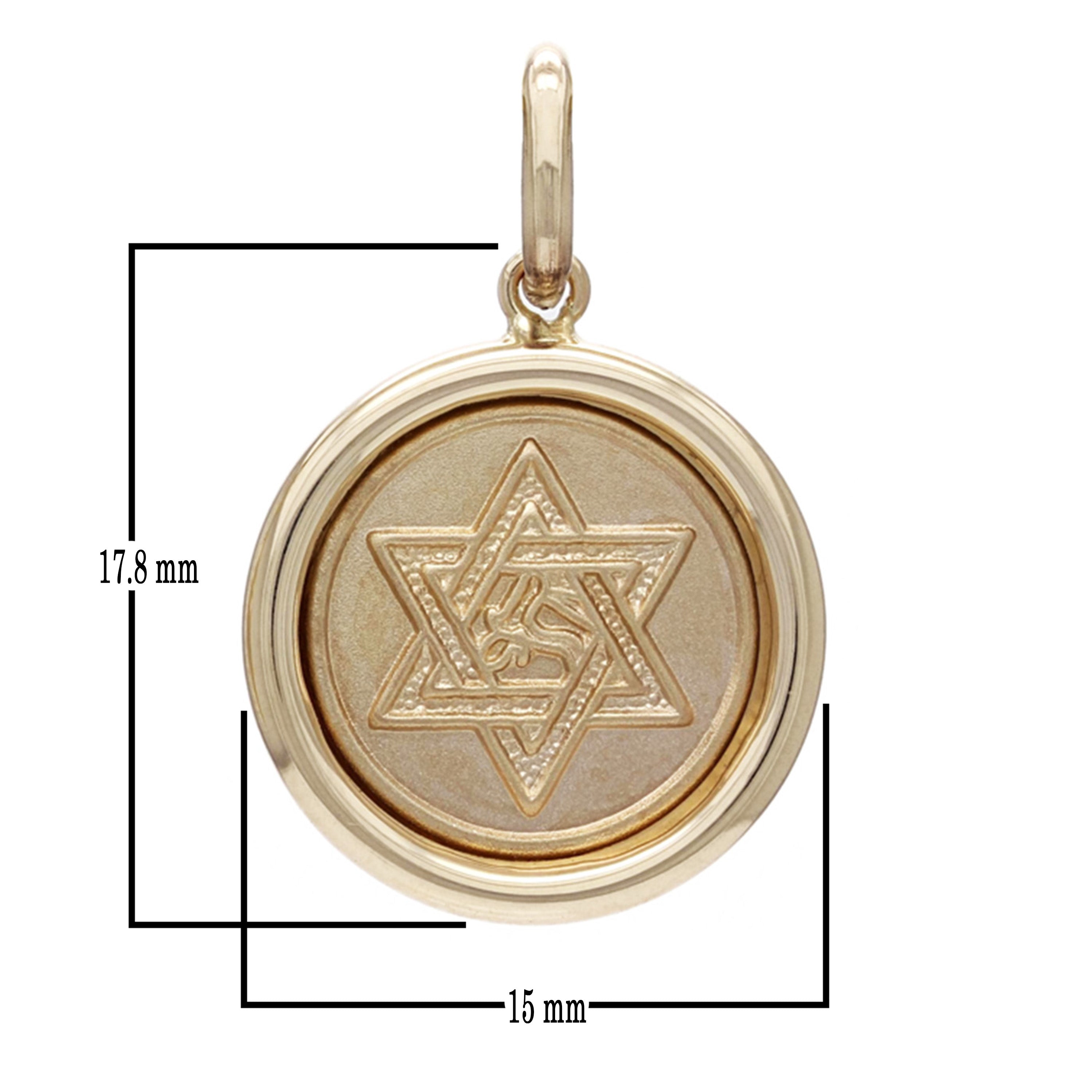 14k Yellow Gold Embossed Star of David with Chai Symbol Round Medal Pendant 1.2g