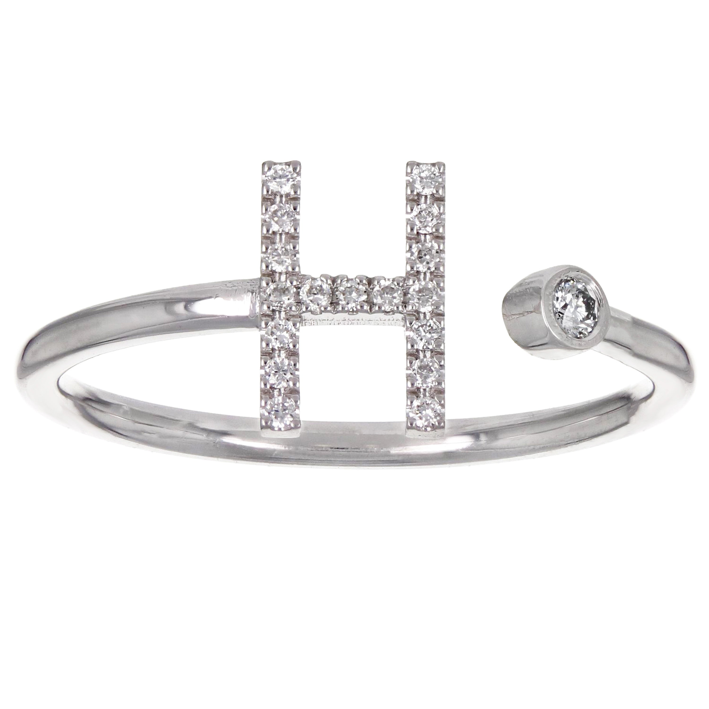 14k White Gold Diamond Initial Letter H Ring Size 6 - Letter H,White