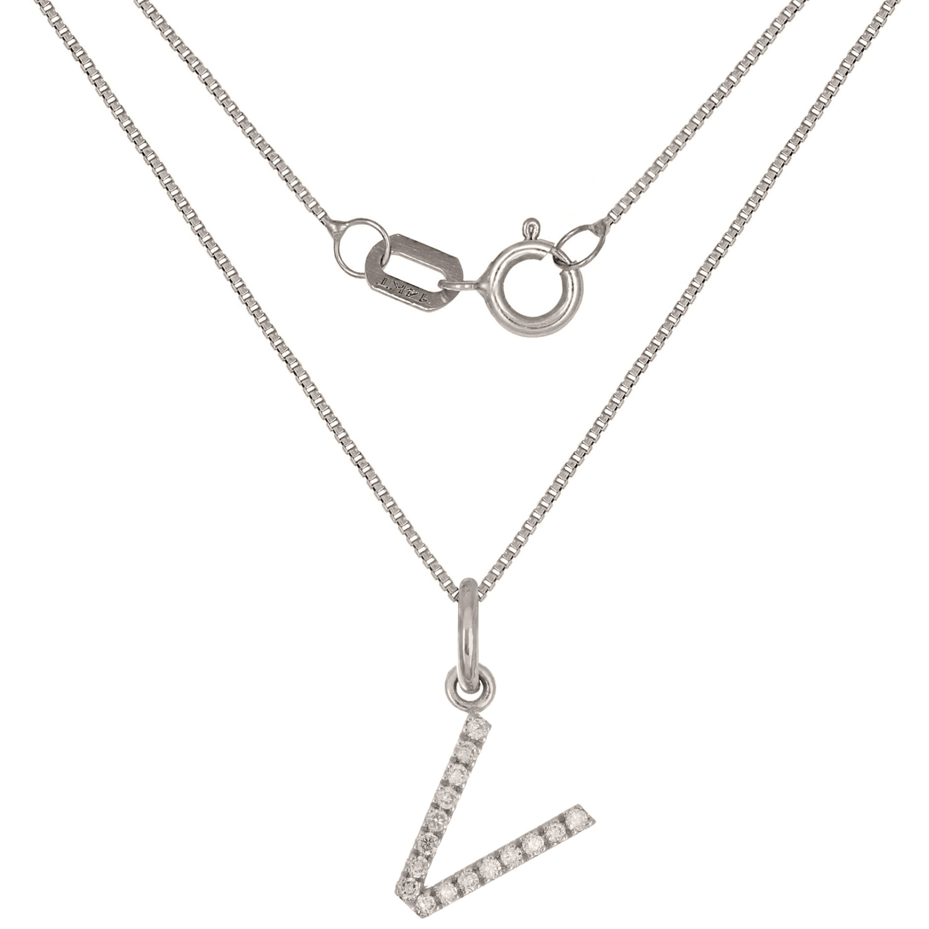 14k White Gold Diamond Initial Letter V Charm Pendant Necklace 18" - Letter V,White