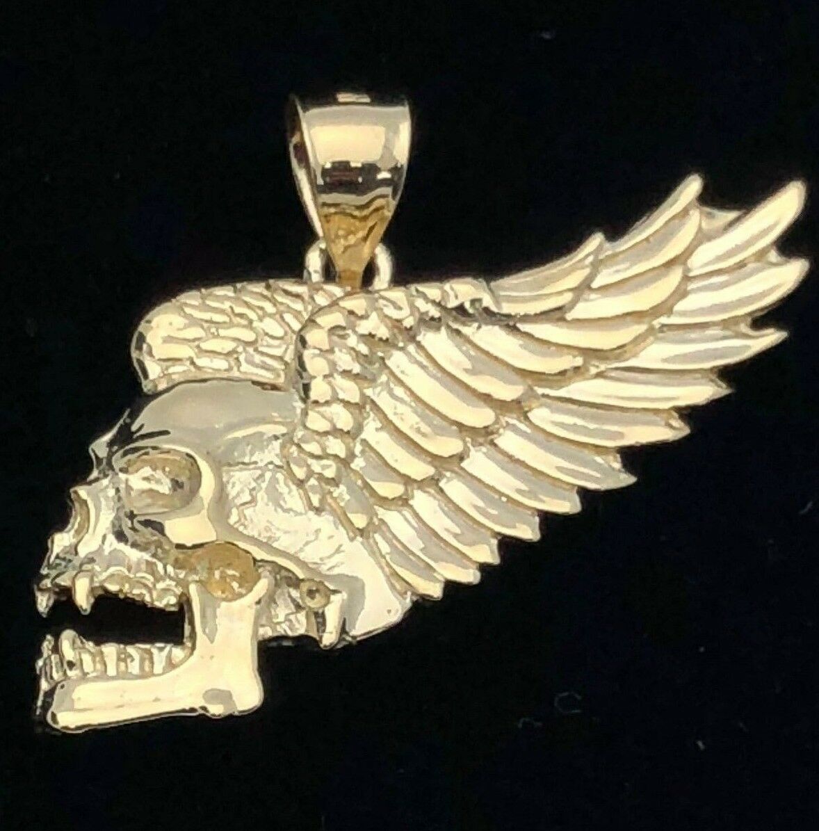 14k Yellow Gold Diamond Cut Skeleton Skull Pendant with Wings 8.6 grams
