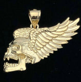 14k Yellow Gold Diamond Cut Skeleton Skull Pendant with Wings 8.6 grams