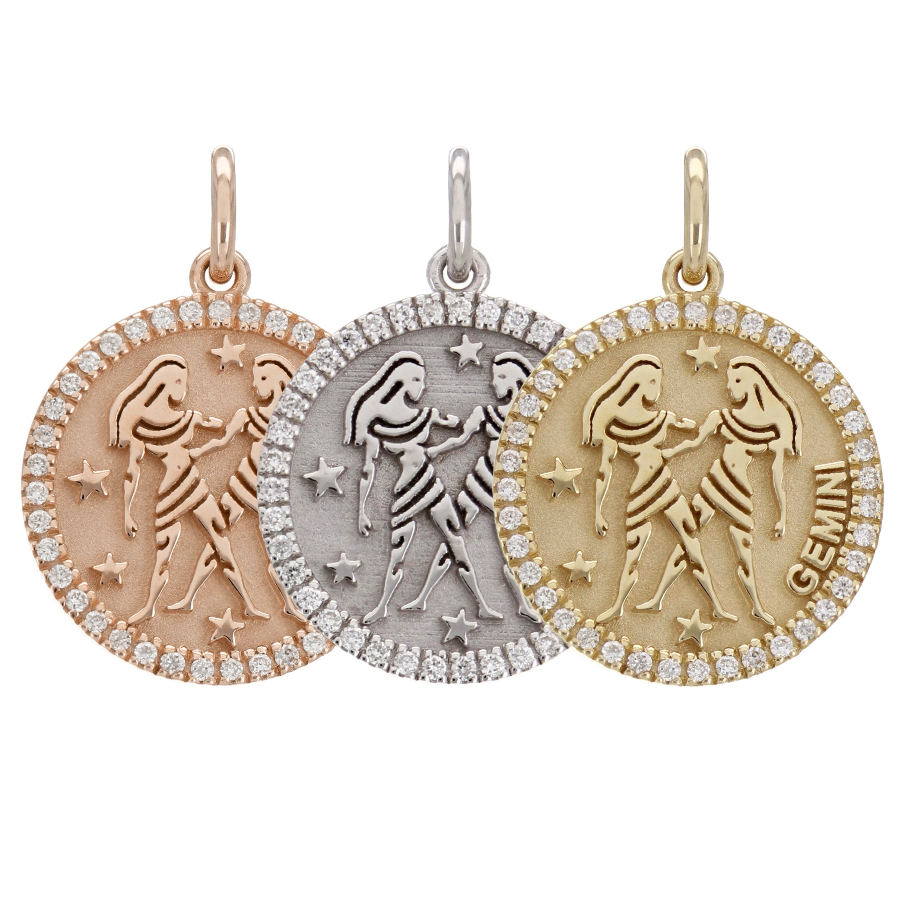 14k Yellow Gold Diamond Zodiac Sign Gemini Pendant - Gemini,Yellow