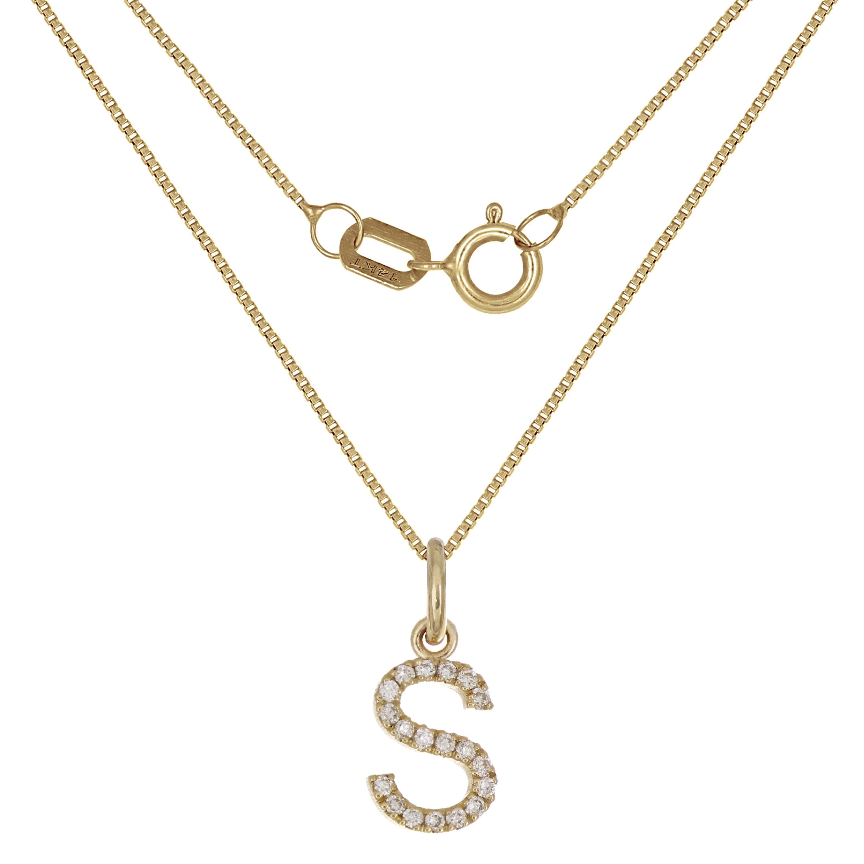 14k Yellow Gold Diamond Initial Letter S Charm Pendant Necklace 18" - Letter S,Yellow