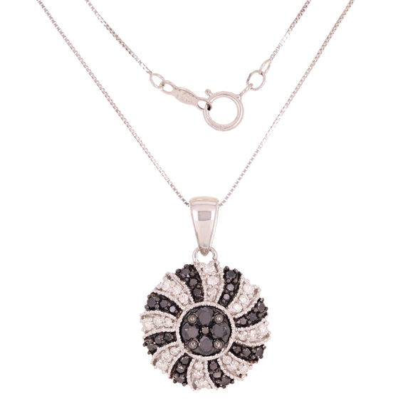14k White Gold 1.02ctw Black & White Diamond Pinwheel Pendant Necklace 18
