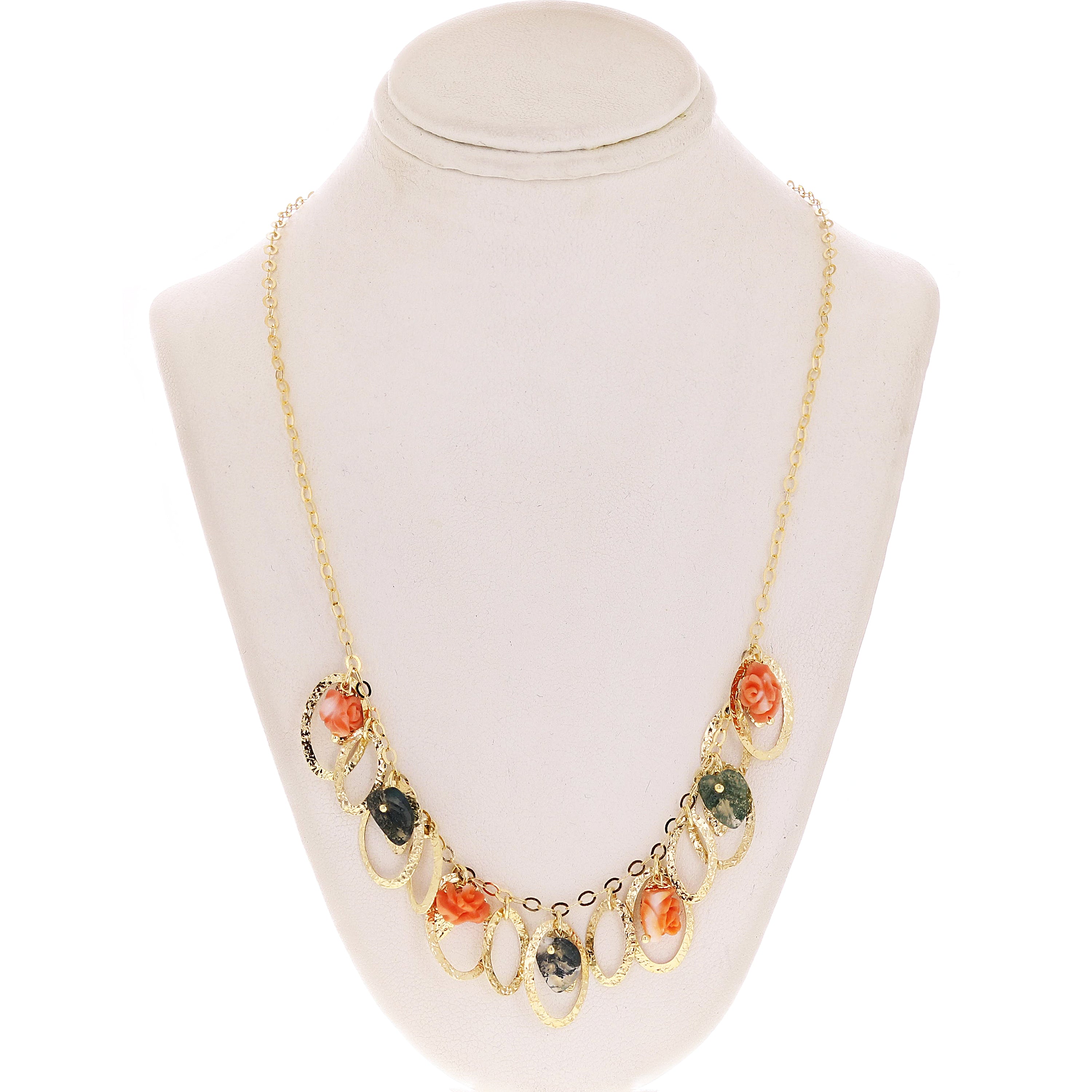 Italian 14k Yellow Gold Handmade Fancy Quartz & Coral Necklace 17" 8.5 grams