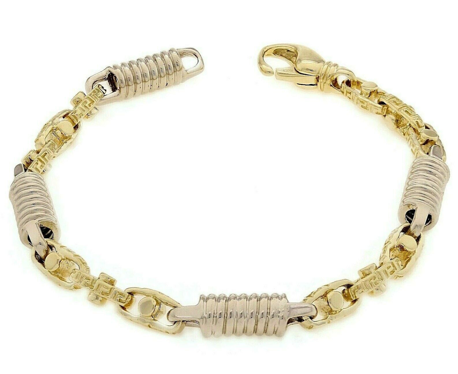 14k Yellow & White Gold Handmade Greek Style Fashion Link Bracelet 7" 7mm 28g