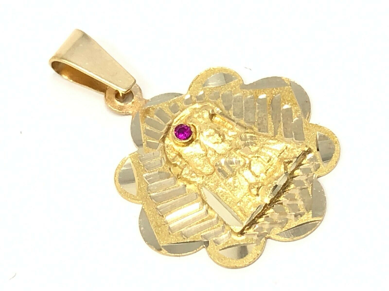 14k Yellow Gold Embossed Mother Mary Charm Pendant with Ruby Gemstone 1" 2 grams
