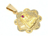 14k Yellow Gold Embossed Mother Mary Charm Pendant with Ruby Gemstone 1" 2 grams