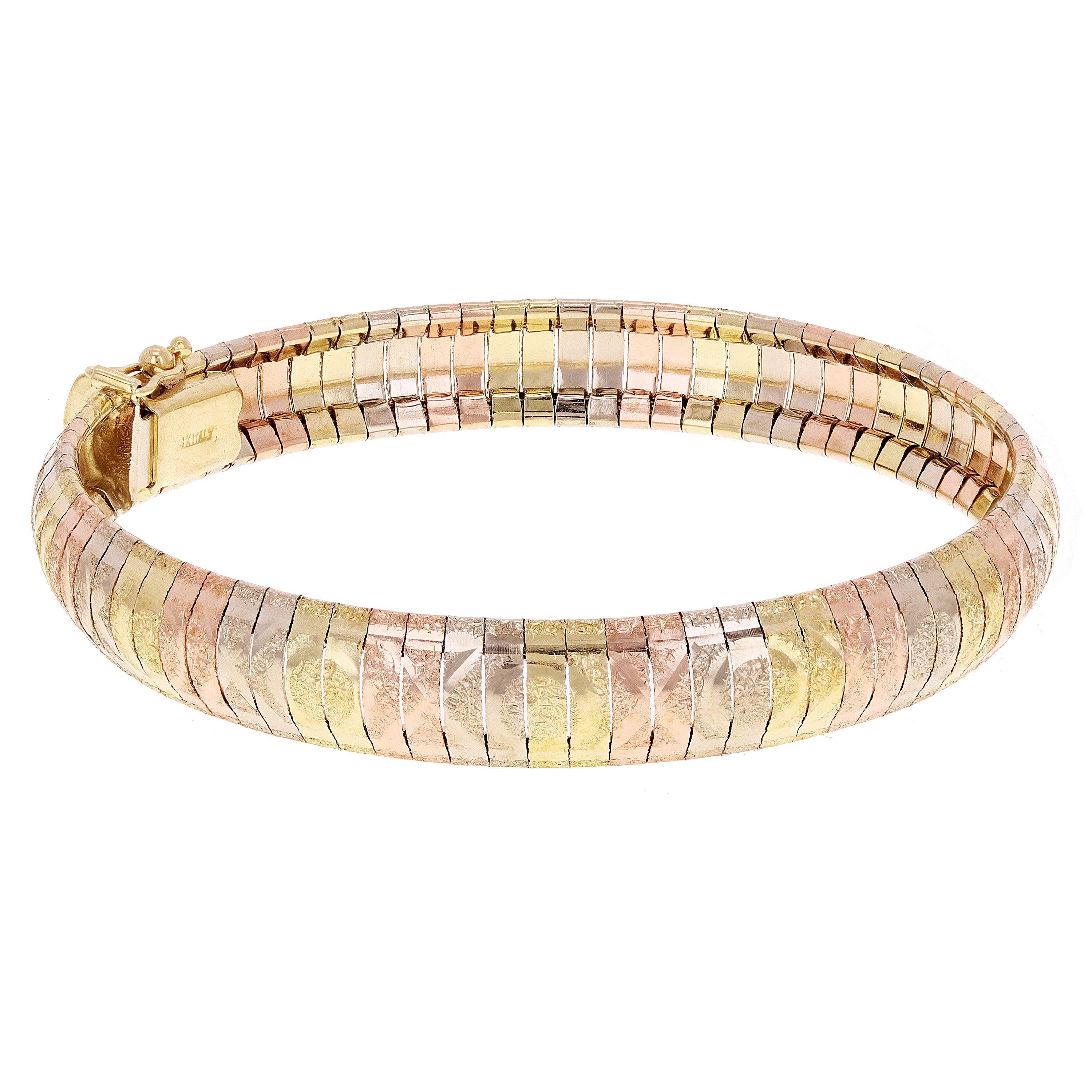 Italian 14k Tri-Color Gold Diamond Cut XOXO Omega Bangle Bracelet 7" 8.8mm 16.5g