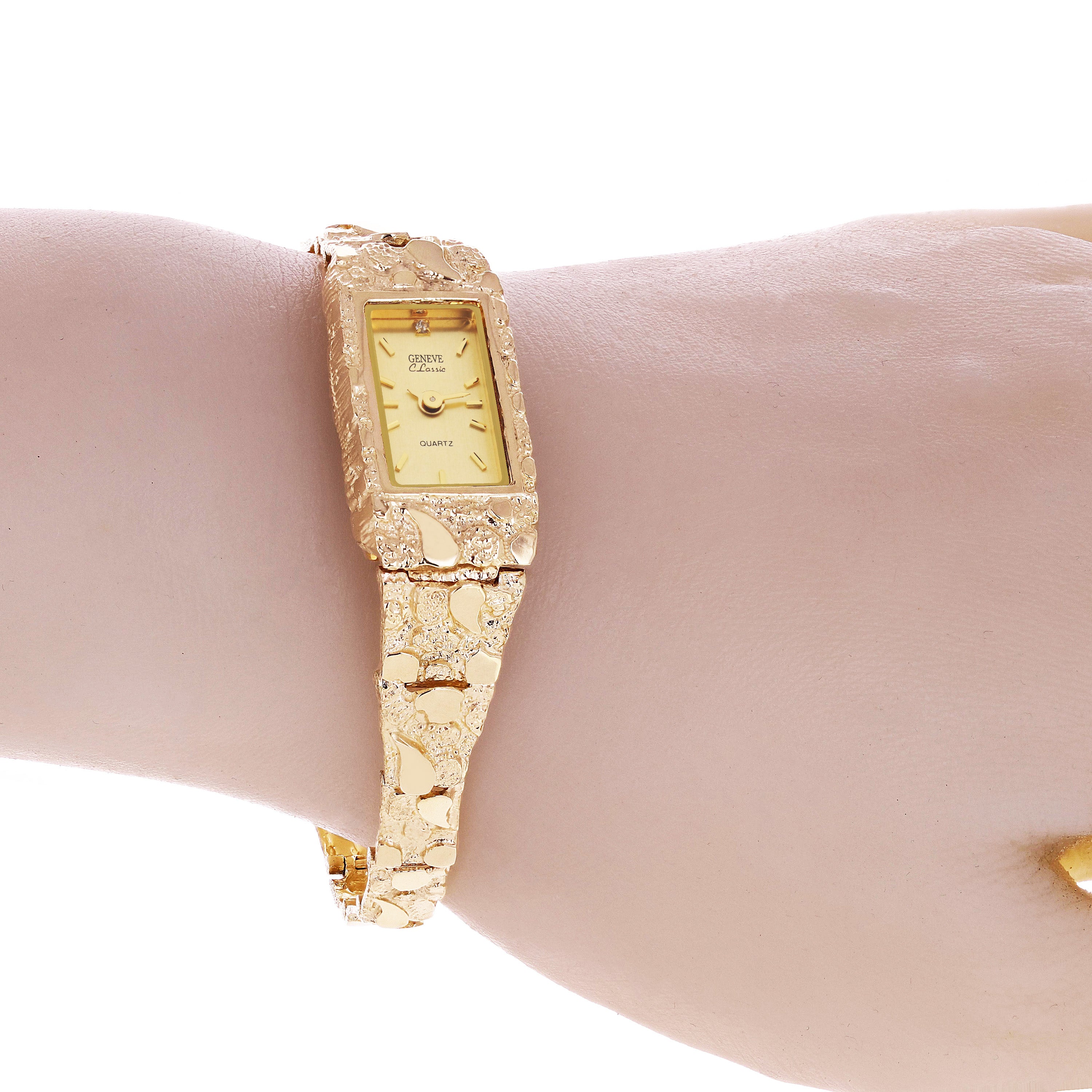 Women's 10k Yellow Gold Nugget Link Wrist Bracelet Geneve Watch w/ Diamond 6.5" - 6.5" 24 grams