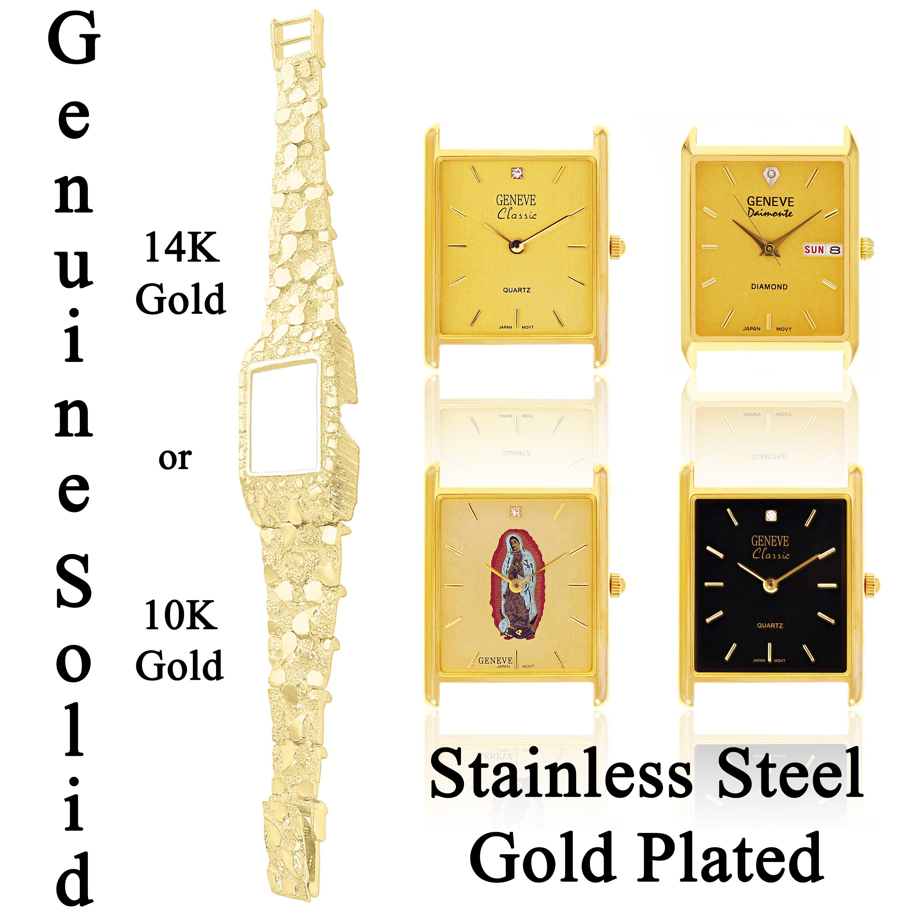 10k Yellow Gold Nugget Wrist Watch Link Geneve Guadalupe Diamond Watch 7.5-8" 50 grams - 7.5" 50 grams