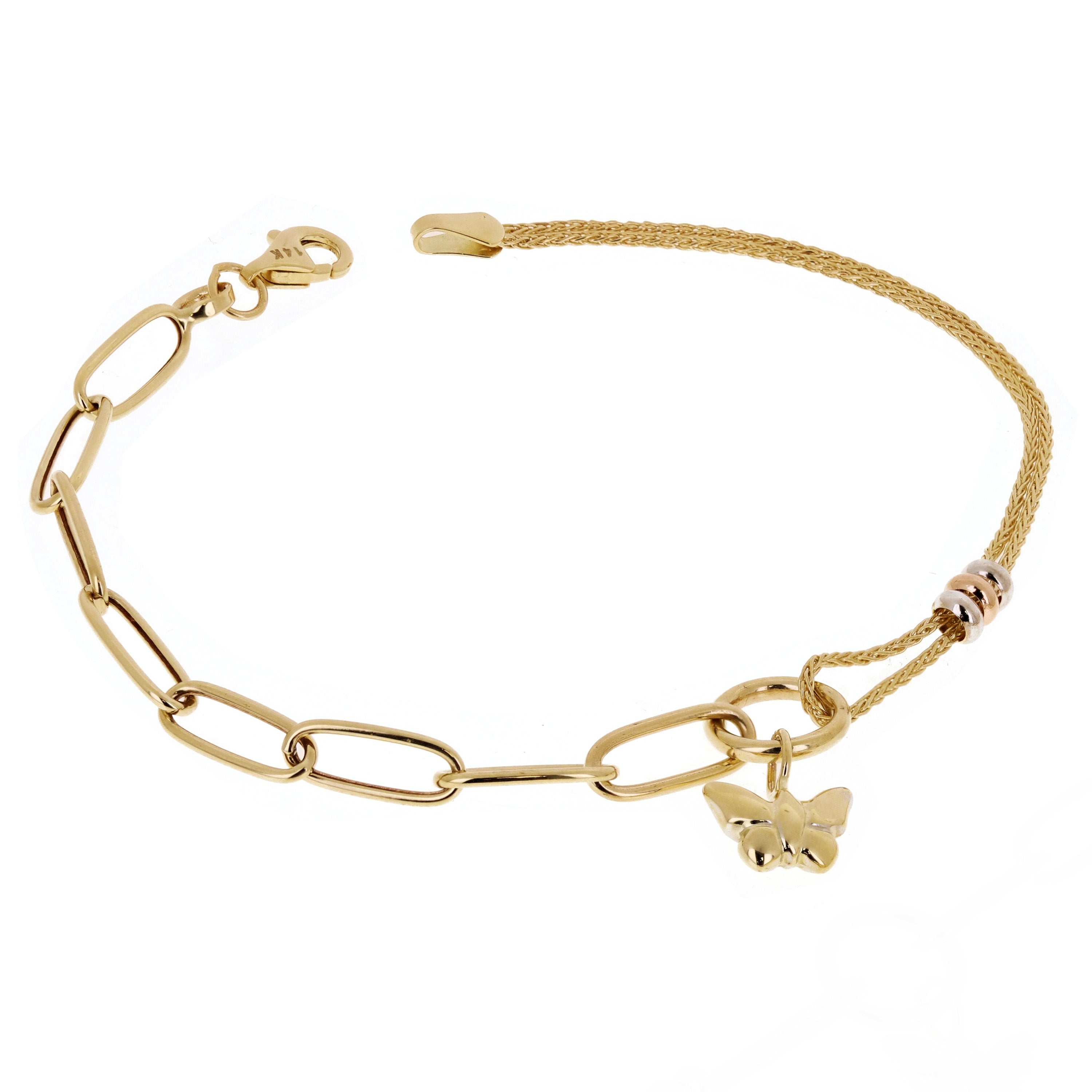 Italian 14k Tri-Color Gold Butterfly Charm Bracelet 7.5" 3 grams