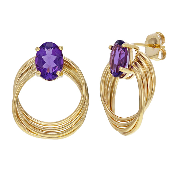 14k Yellow Gold Amethyst 4-Ring Entwined Circle Doorknocker Drop Earrings