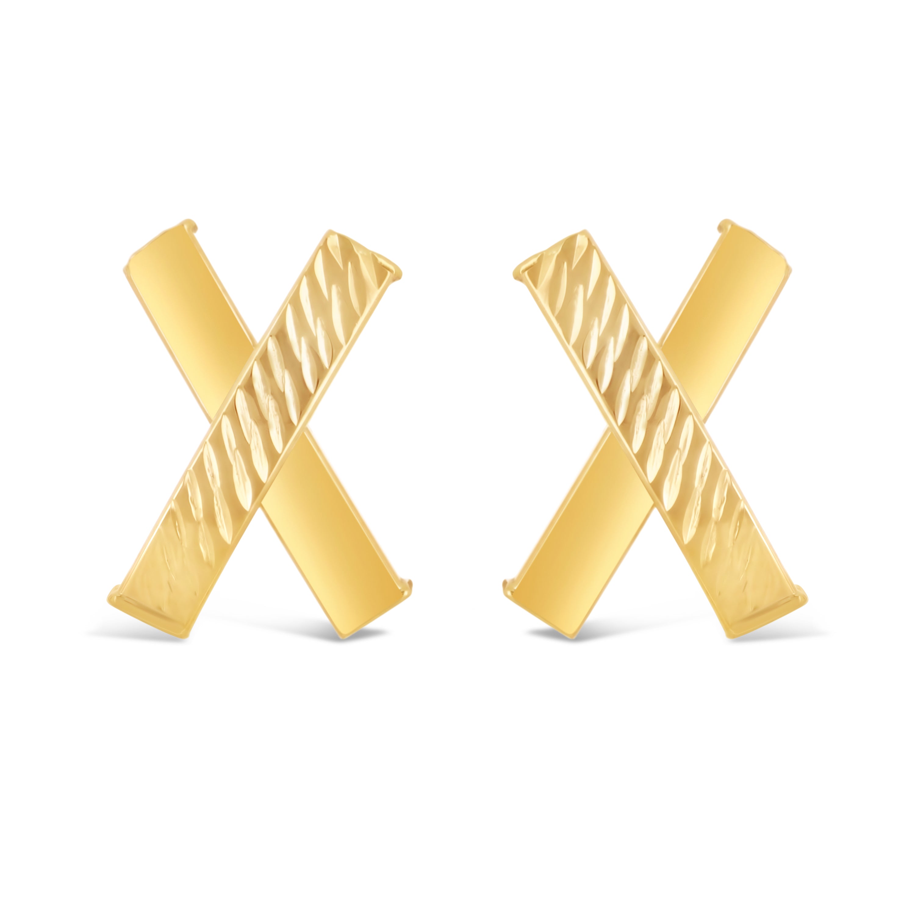 Italian 14k Yellow Gold Diamond Cut Small X-Shape Hugs Love Bar Stud Earrings - Small