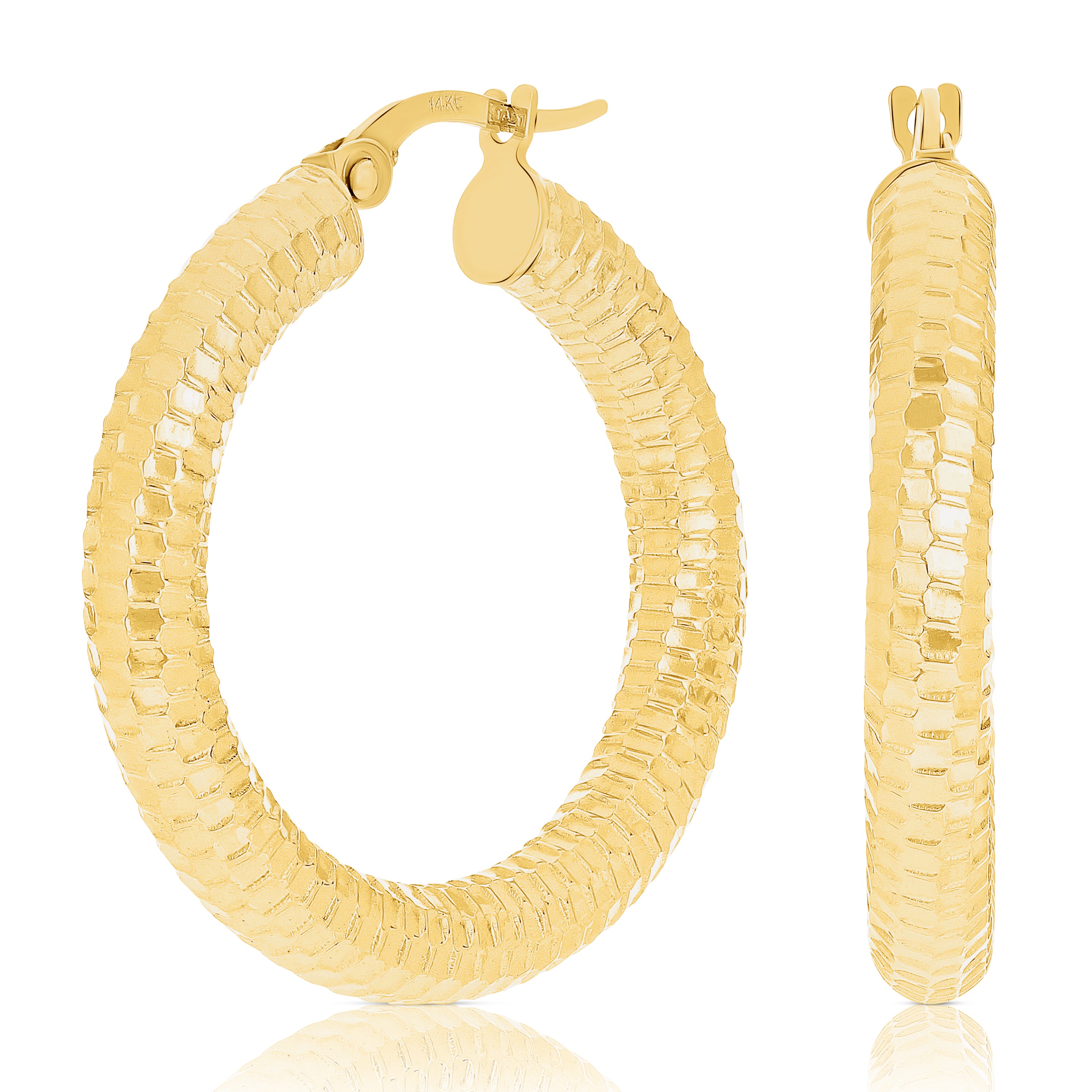 Italian 14k Yellow Gold Honeycomb Medium Thick Hollow Hoop Earrings 1.1"