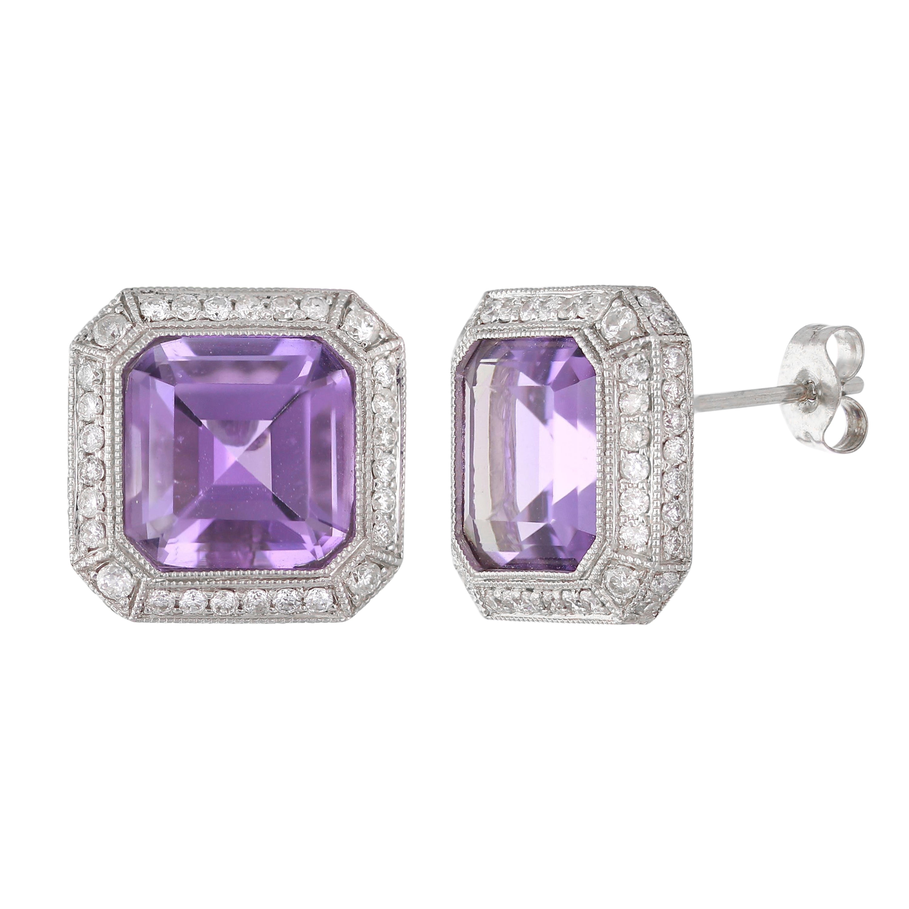 18k White Gold Amethyst & Diamond Halo Cushion Stud Earrings
