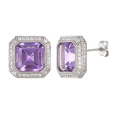 18k White Gold Amethyst & Diamond Halo Cushion Stud Earrings