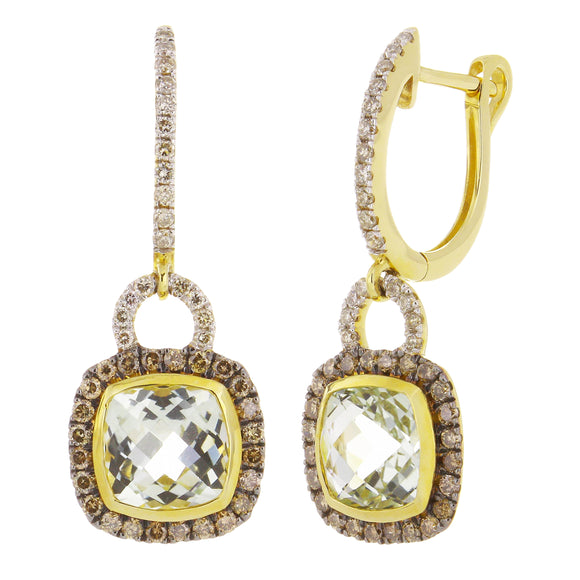 14k Yellow Gold 0.70ctw Aquamarine, Brown & White Diamond Dangle Hoop Earrings