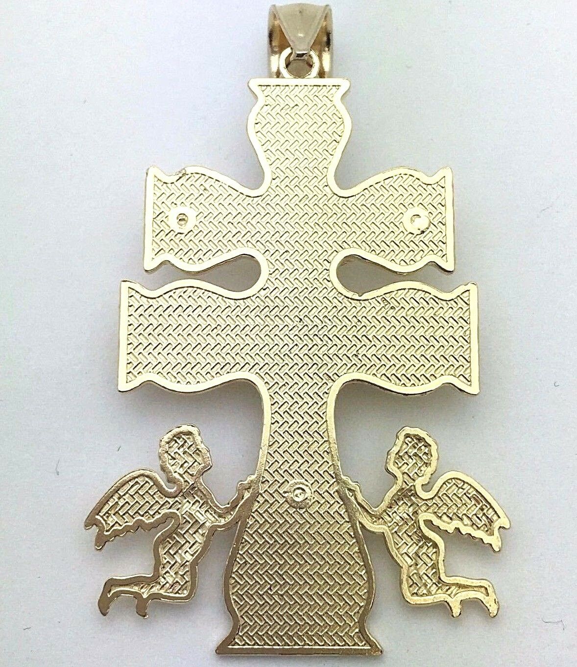 14k Yellow Gold Caravaca Double Cross with Angels Crucifix Pendant 2" 8.2 grams - Yellow