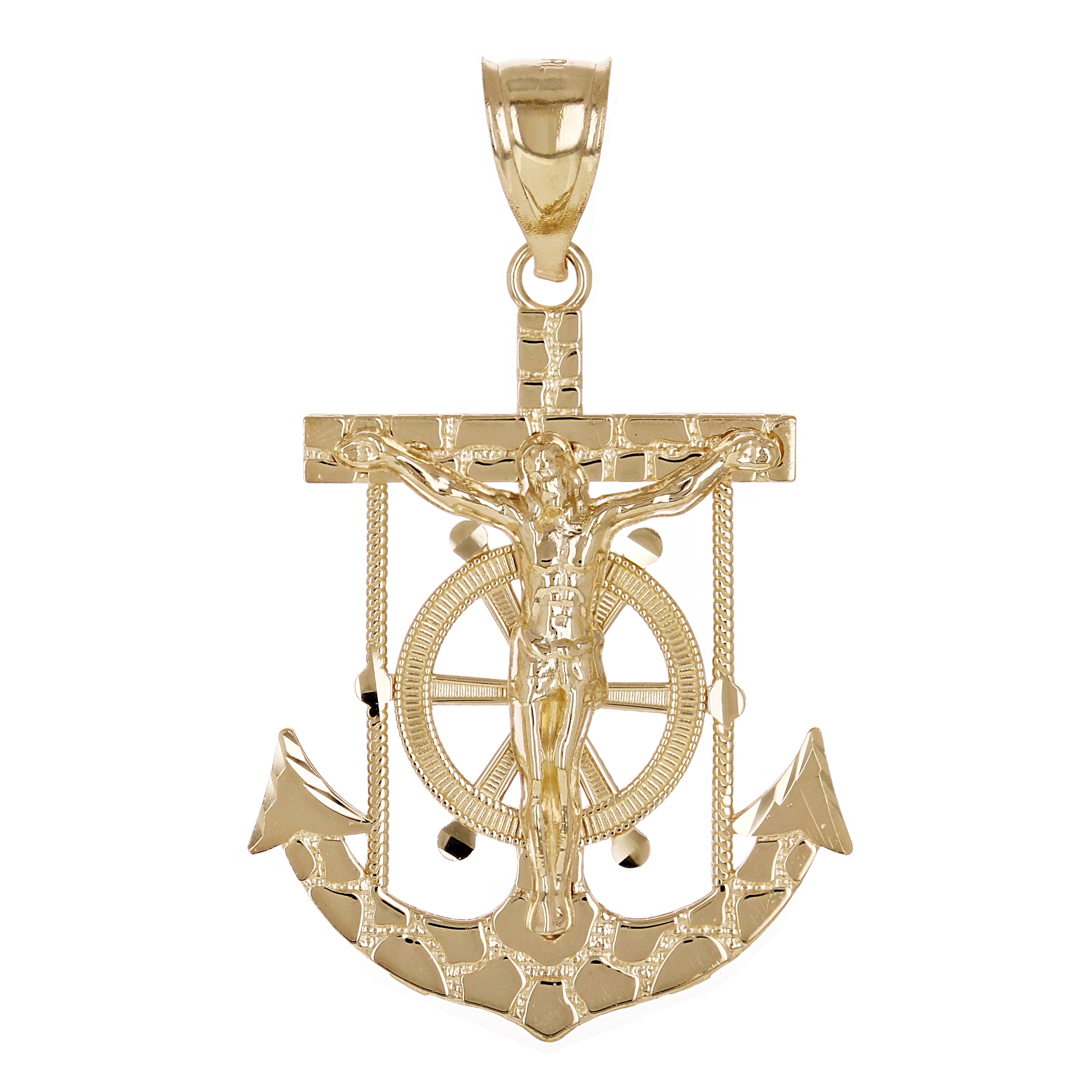 14k Yellow Gold Jesus Christ Crucifix Nugget Anchor Ship Mariners Pendant 1.6"