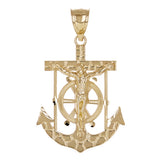 14k Yellow Gold Jesus Christ Crucifix Nugget Anchor Ship Mariners Pendant 1.6"