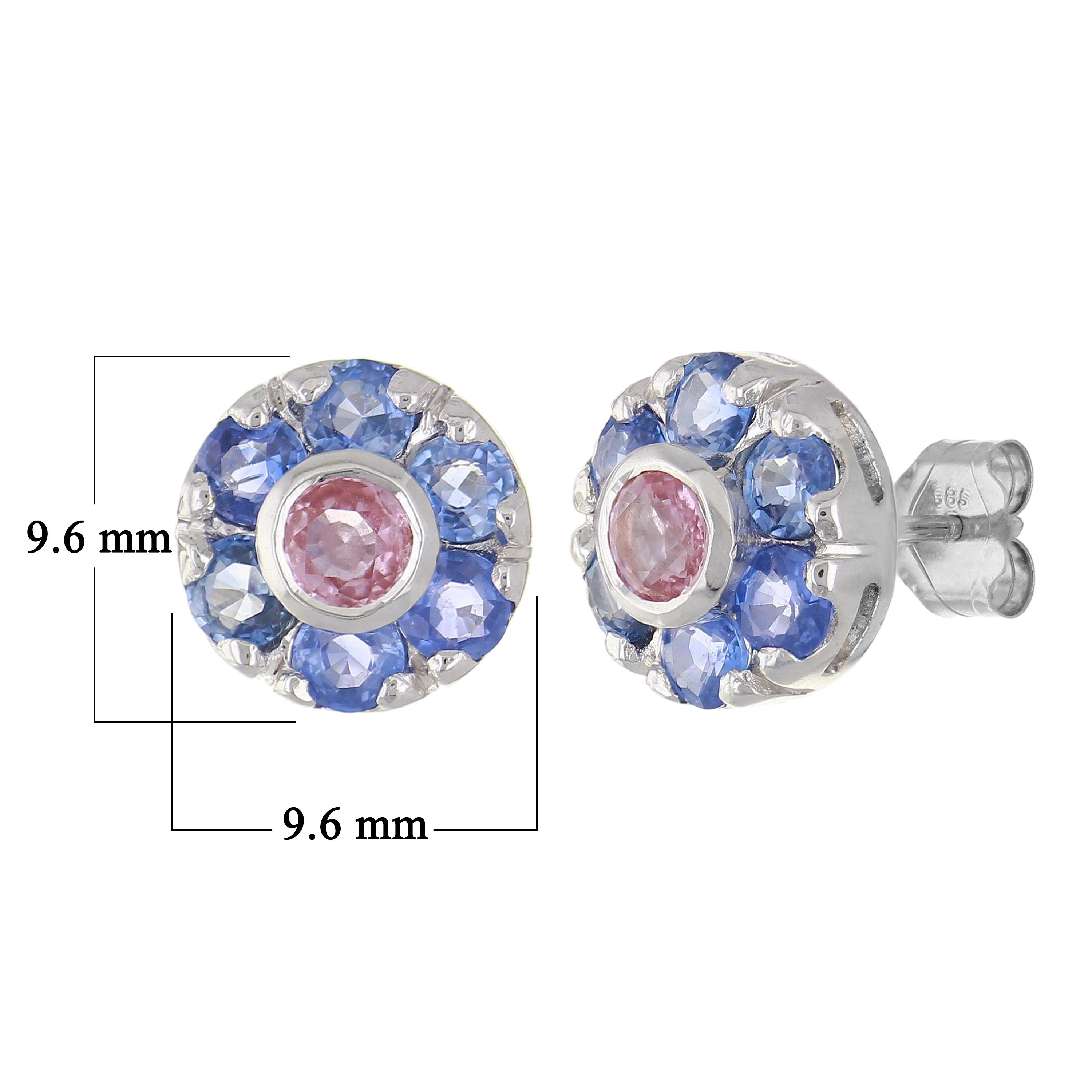 14k White Gold Pink & Blue Sapphire Flower Cluster Stud Earrings