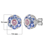 14k White Gold Pink & Blue Sapphire Flower Cluster Stud Earrings