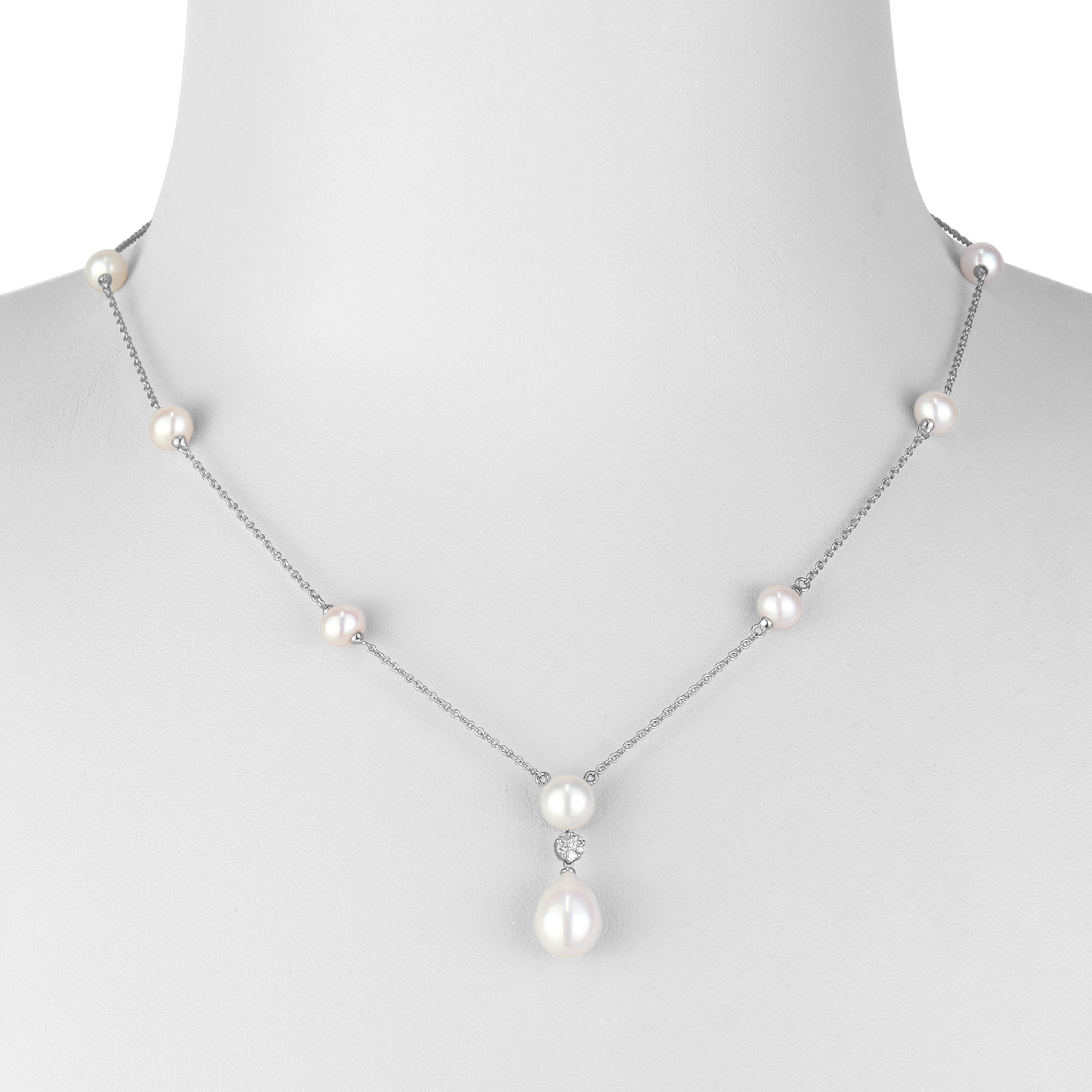 14k White Gold Freshwater Pearl Dangle Station Necklace 18" with Diamonds