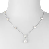 14k White Gold Freshwater Pearl Dangle Station Necklace 18" with Diamonds