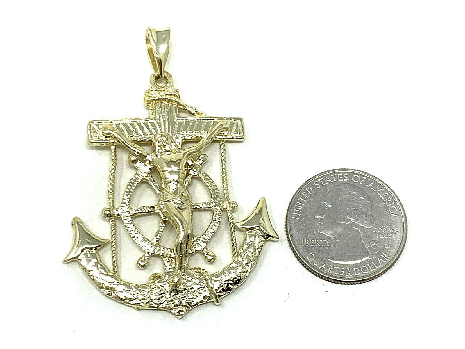 10k Yellow Gold Jesus Crucifix Anchor Wheel Cross Mariner Pendant 2.4" 14 grams