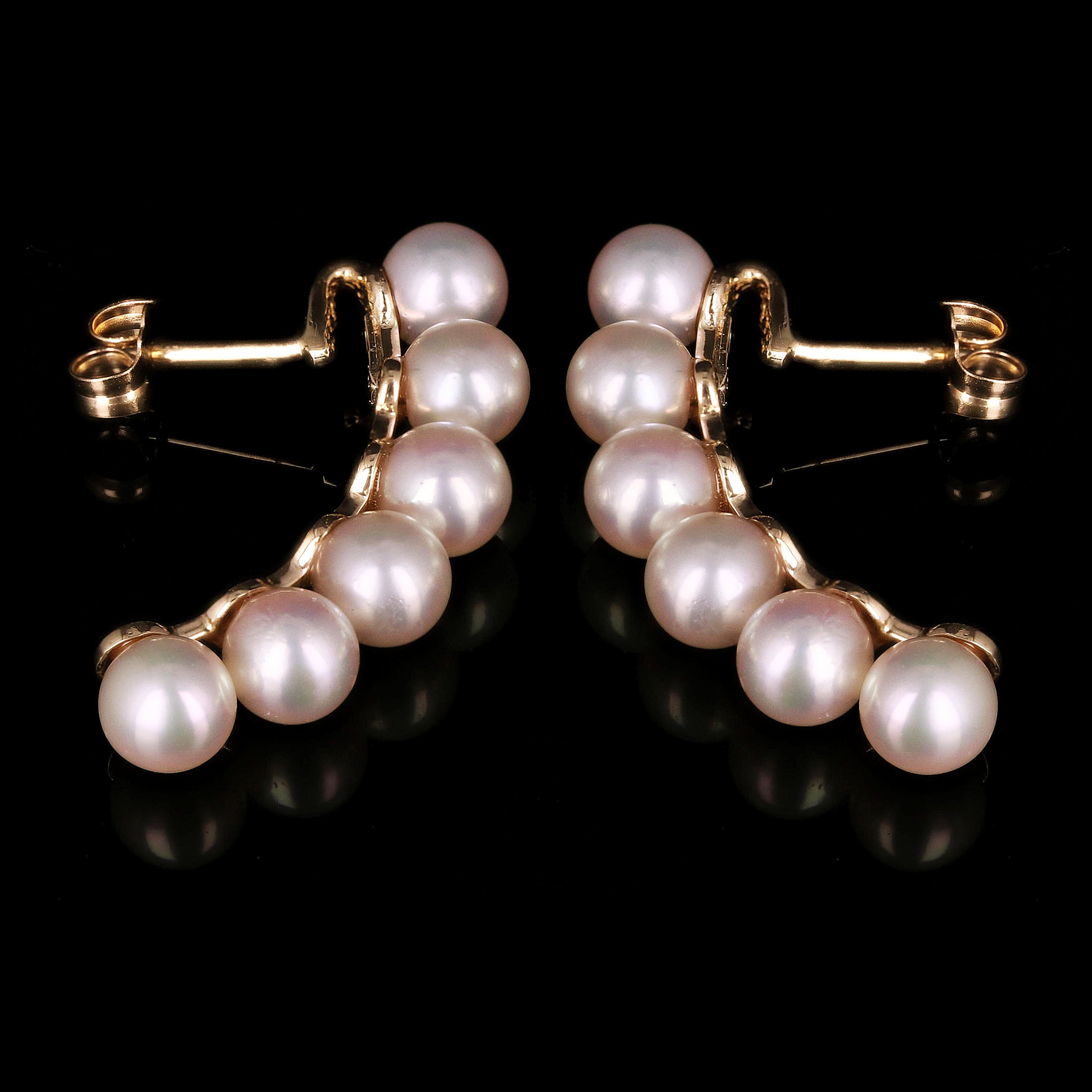 14k Yellow Gold Fresh Water Pearl Drop Curved Earrings 1.2" 4.4 grams