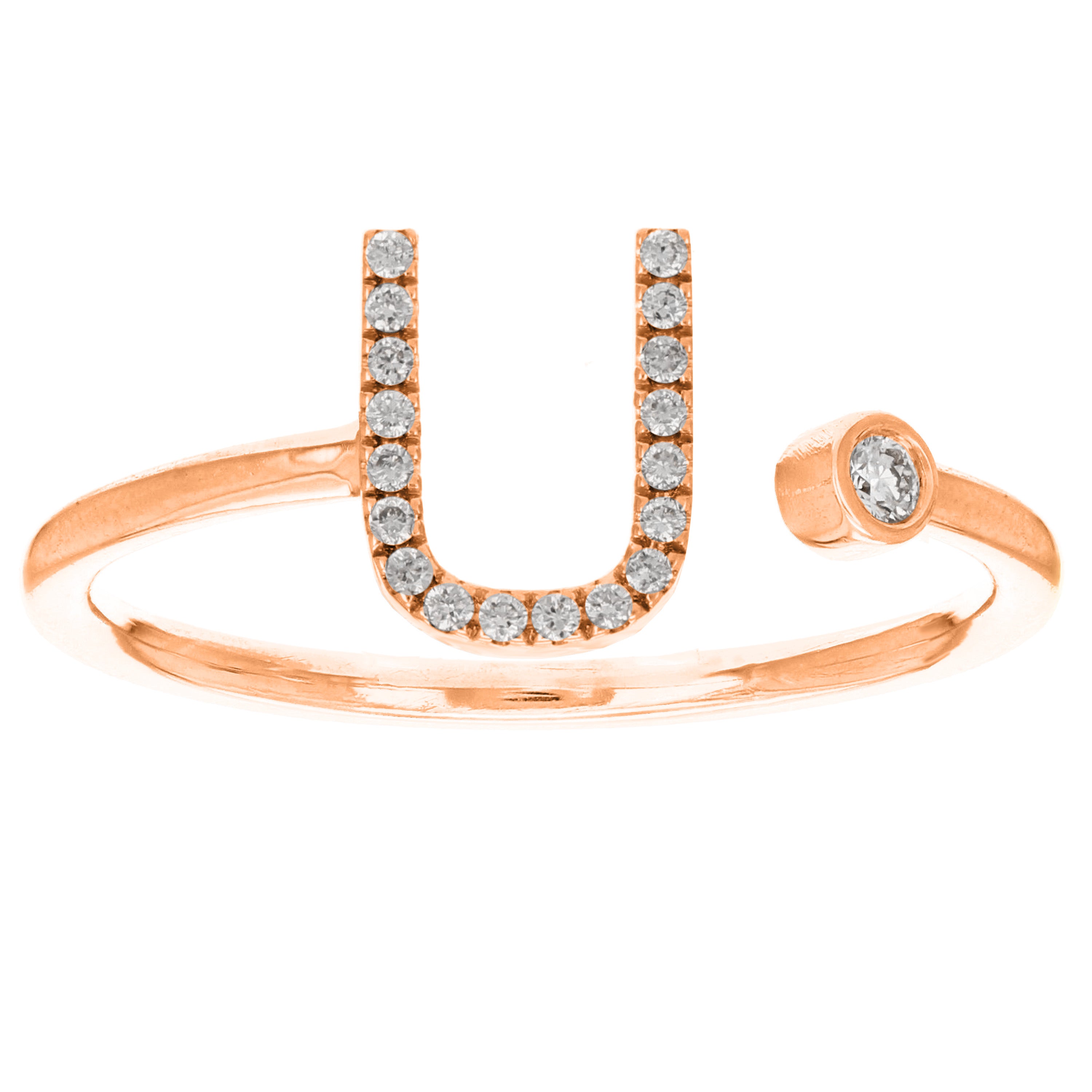 14k Rose Gold Diamond Initial Letter U Ring Size 6 - Letter U,Rose