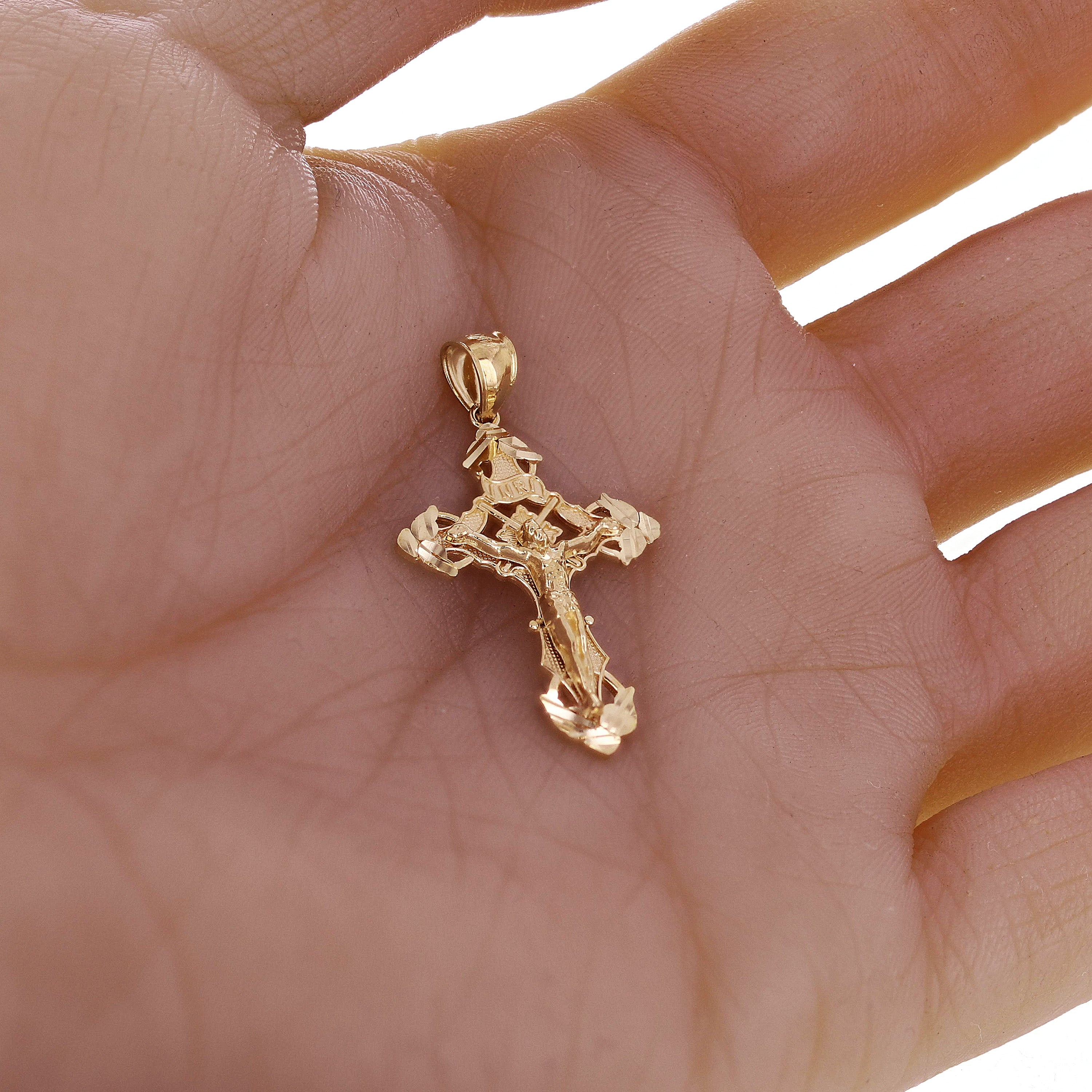 14k Yellow Gold Crucifix INRI Jesus Christ 3D Cross Pendant 1.4" 2 grams