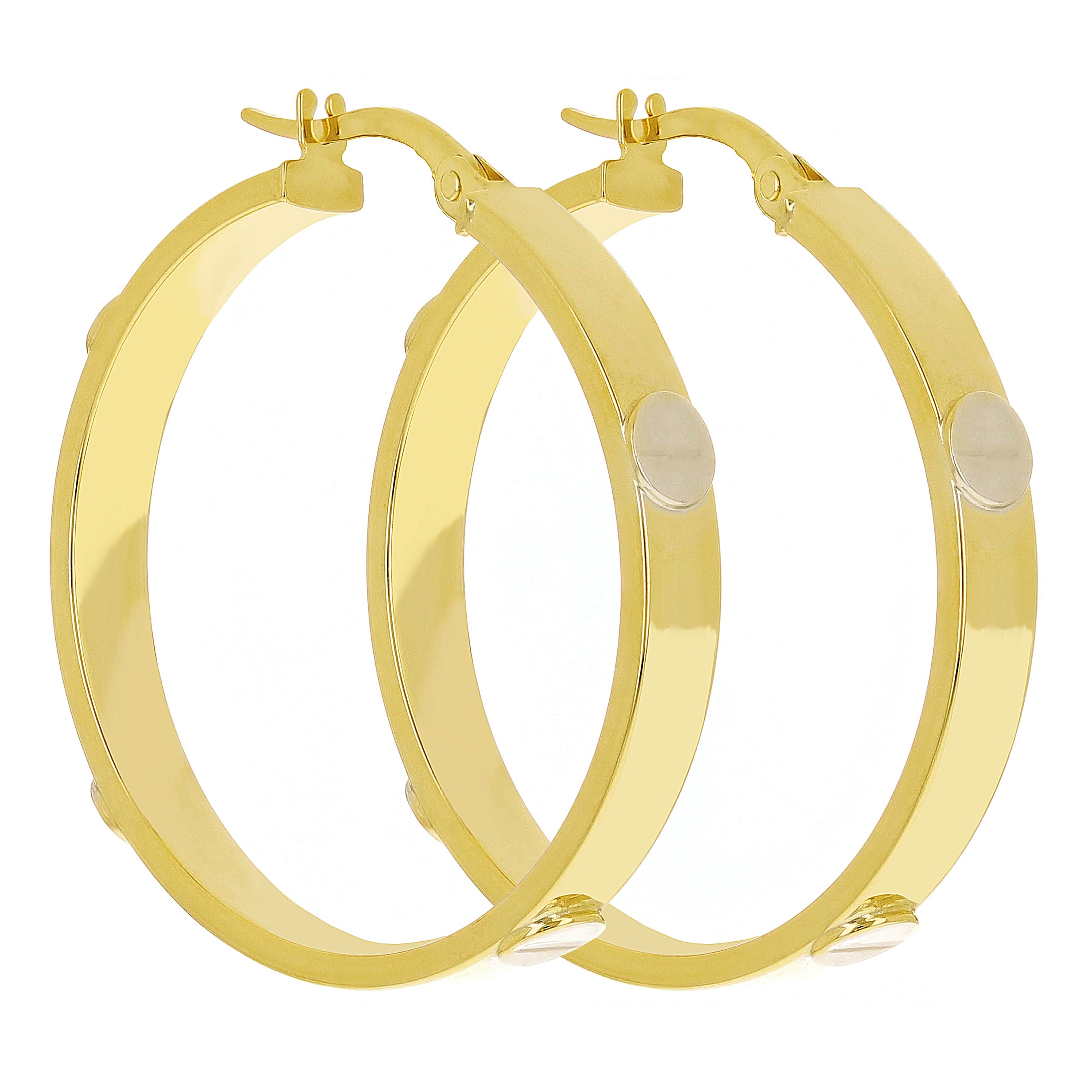 Italian 14k Yellow & White Gold Love Screw Design Hollow Hoop Earrings 1.1" 4mm