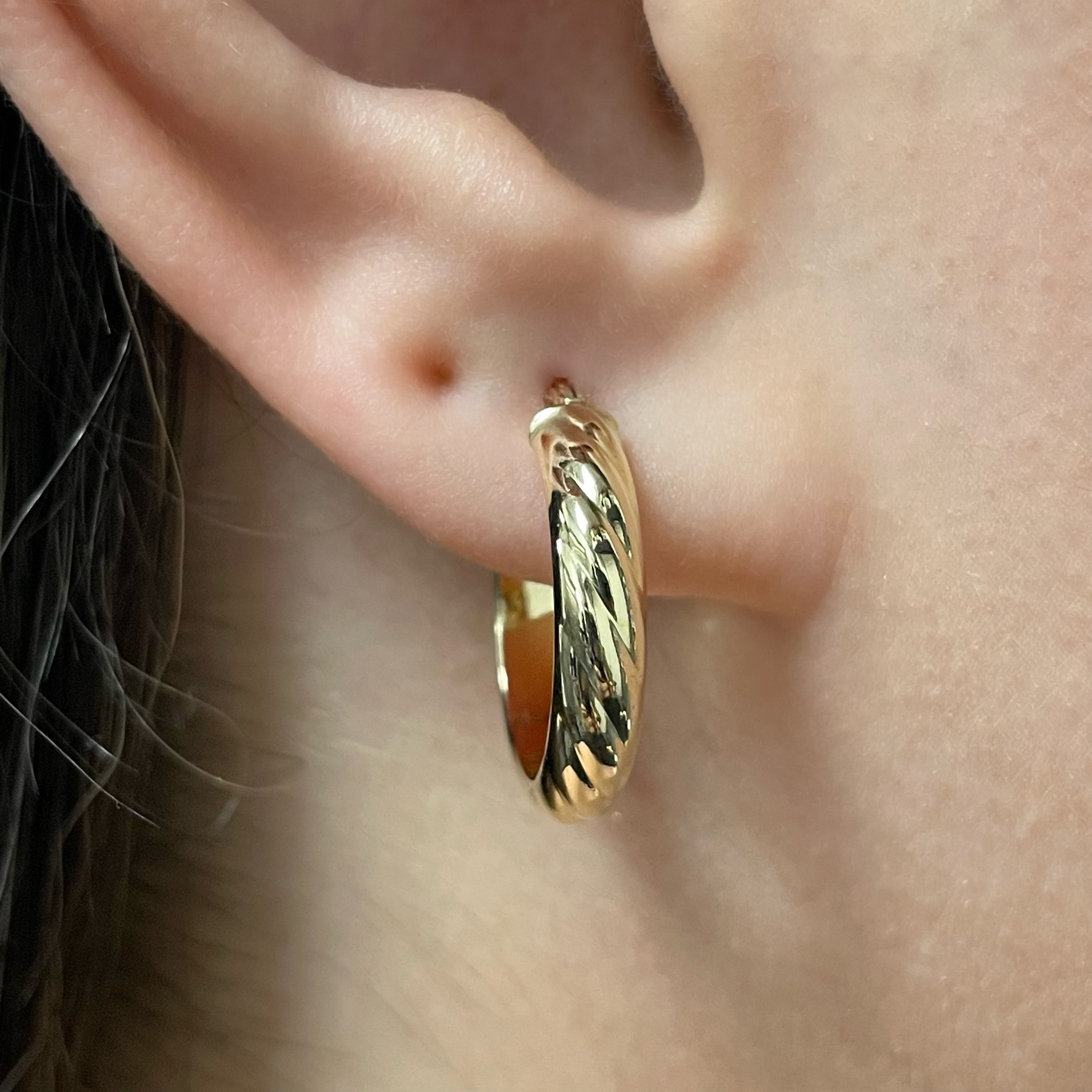 Italian 14k Yellow Gold Rope Design Small Wide Hollow Hoop Earrings