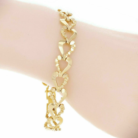 14k Yellow Gold Half Plain & Nugget Heart Link Bracelet 8