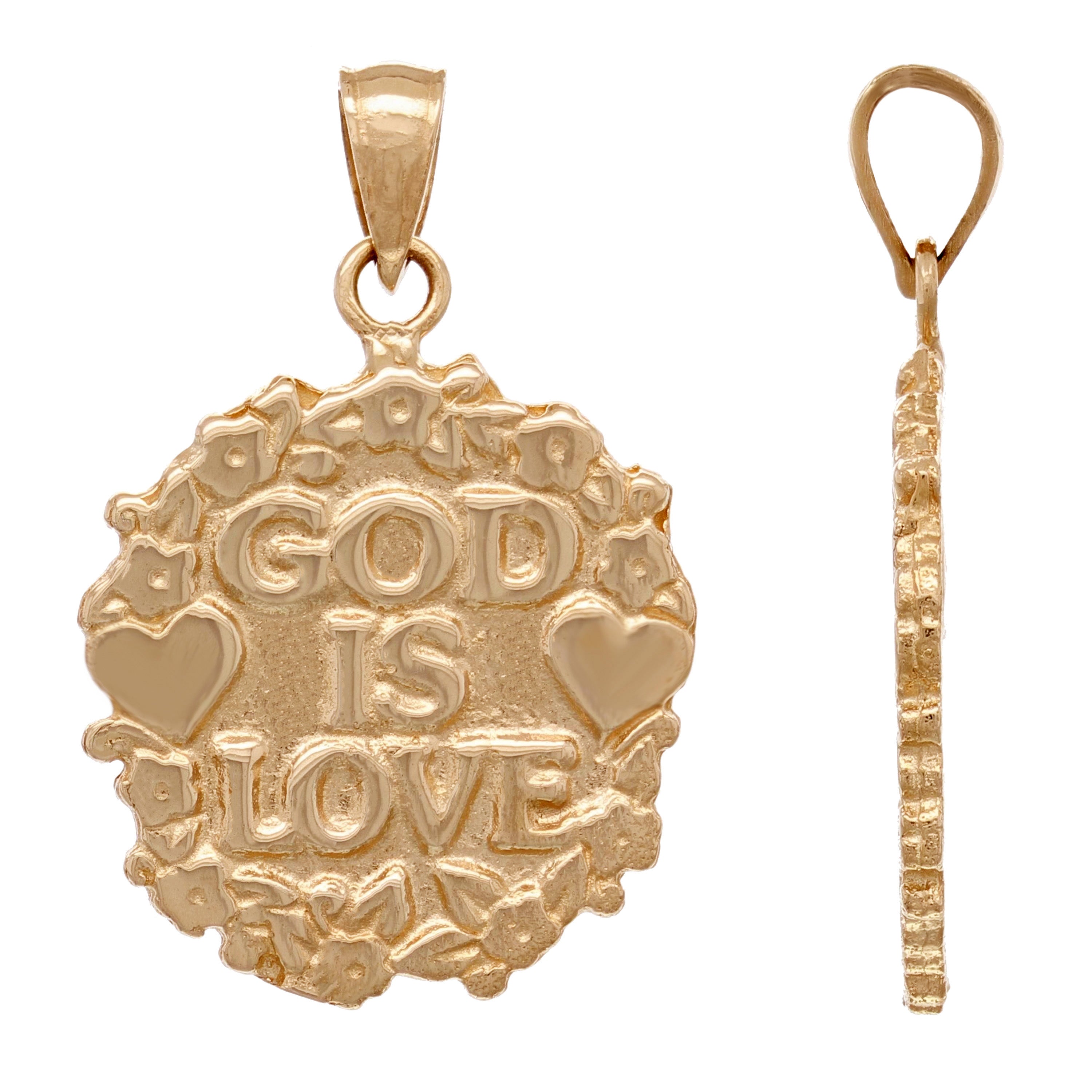 14k Rose Gold Solid GOD IS LOVE Heart & Flowers Charm Pendant 1.2" 4.9grams - Rose