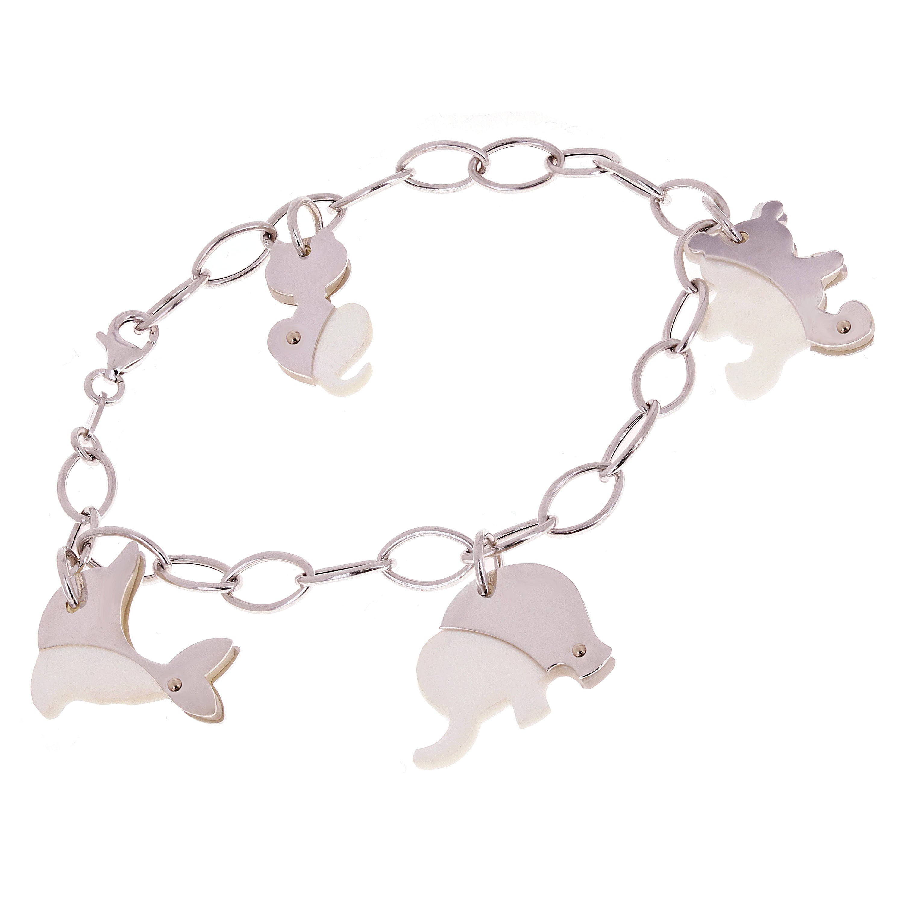 14k White Gold Mother of Pearl Animal Charm Bracelet 7.5" - Animal