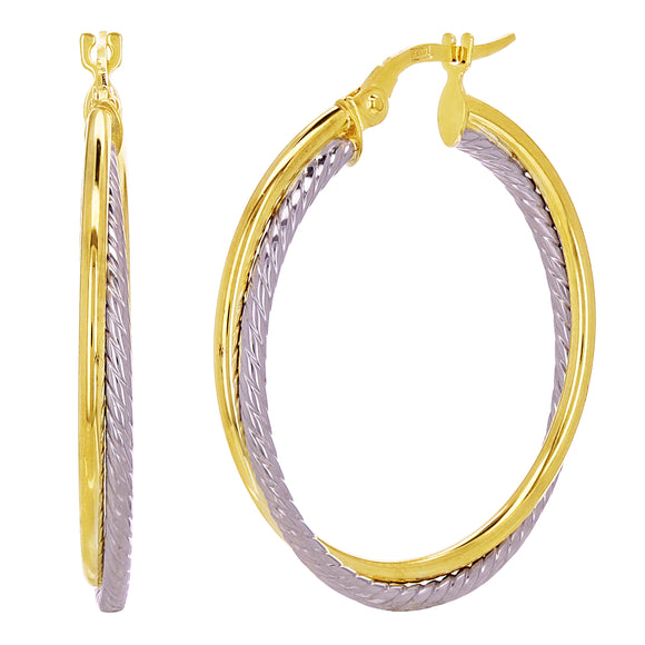 Italian 14k Two-Tone Gold Rope & Plain Entwined Hollow Hoop Earrings 1.2