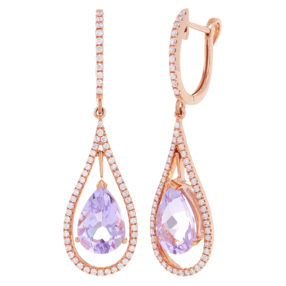 14k Rose Gold 0.50ctw Pear Amethyst & Pave Diamond Swing Drop Hoop Earrings