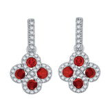 14k White Gold 0.30ctw Ruby & Diamond Vintage Flower Halo Drop Dangle Earrings - Ruby