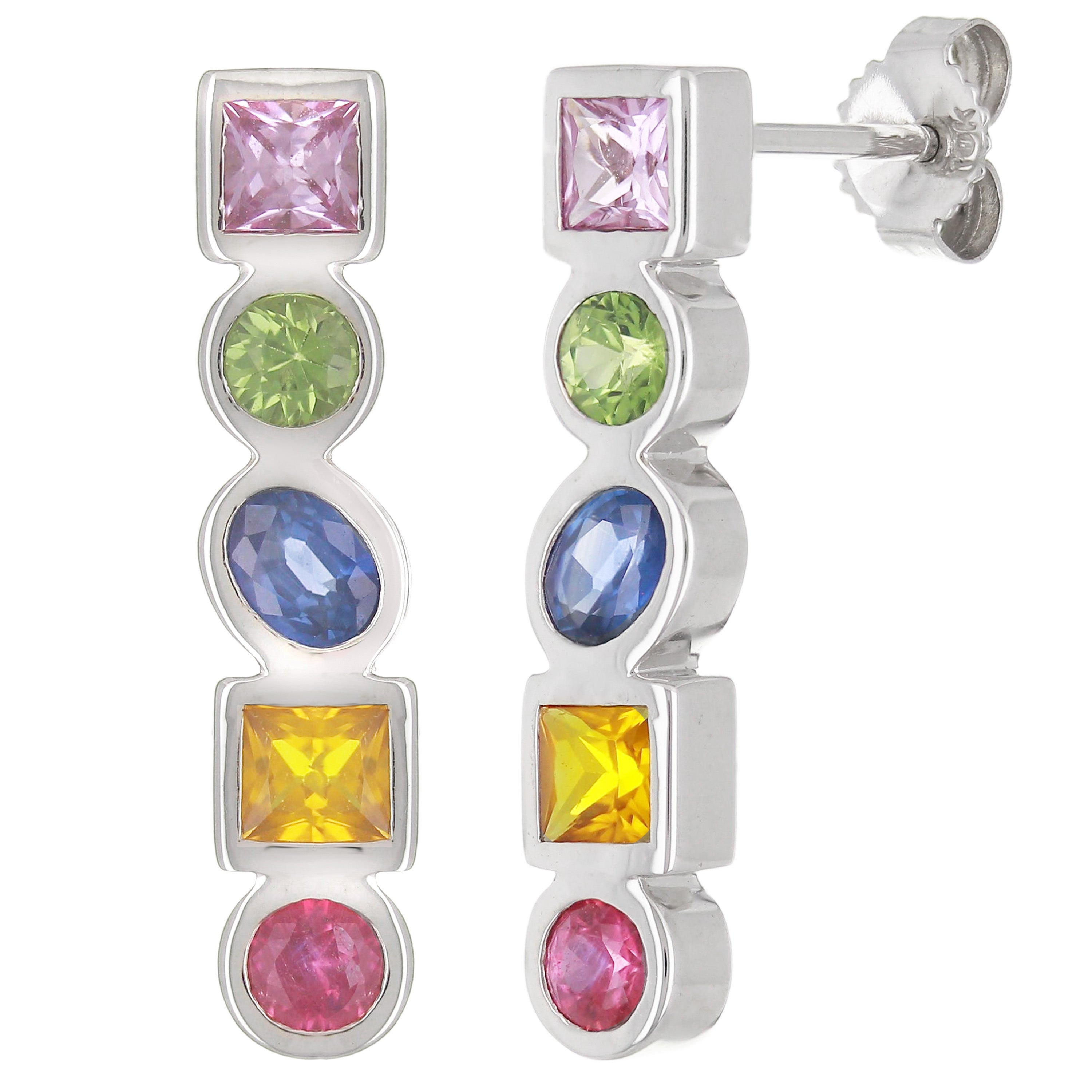 14k White Gold Rainbow Sapphire, Ruby & Citrine Geometric Linear Earrings