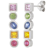 14k White Gold Rainbow Sapphire, Ruby & Citrine Geometric Linear Earrings