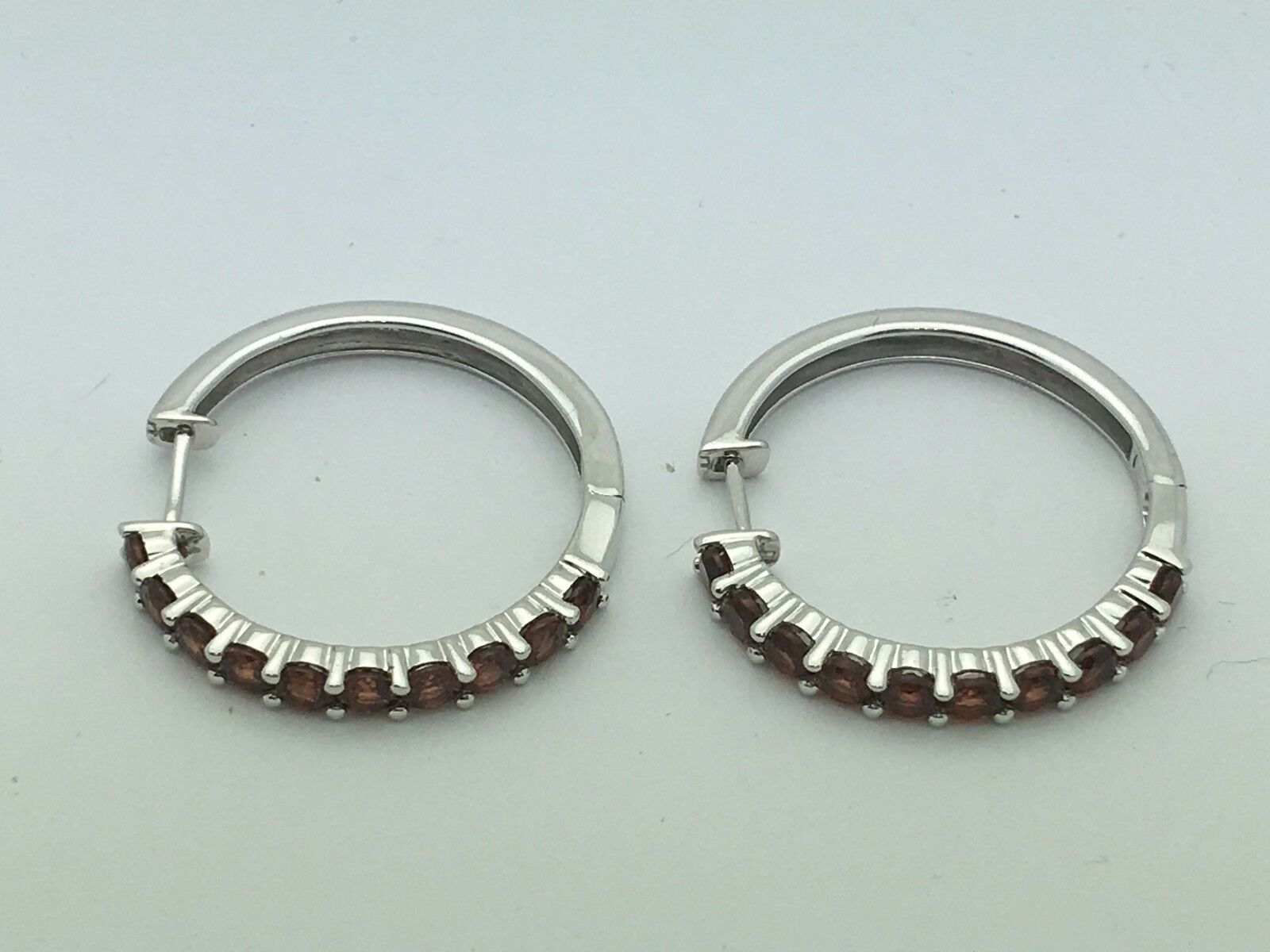14k White Gold Hoop Loop Earrings with Natural Garnet Gemstones 6.2gram