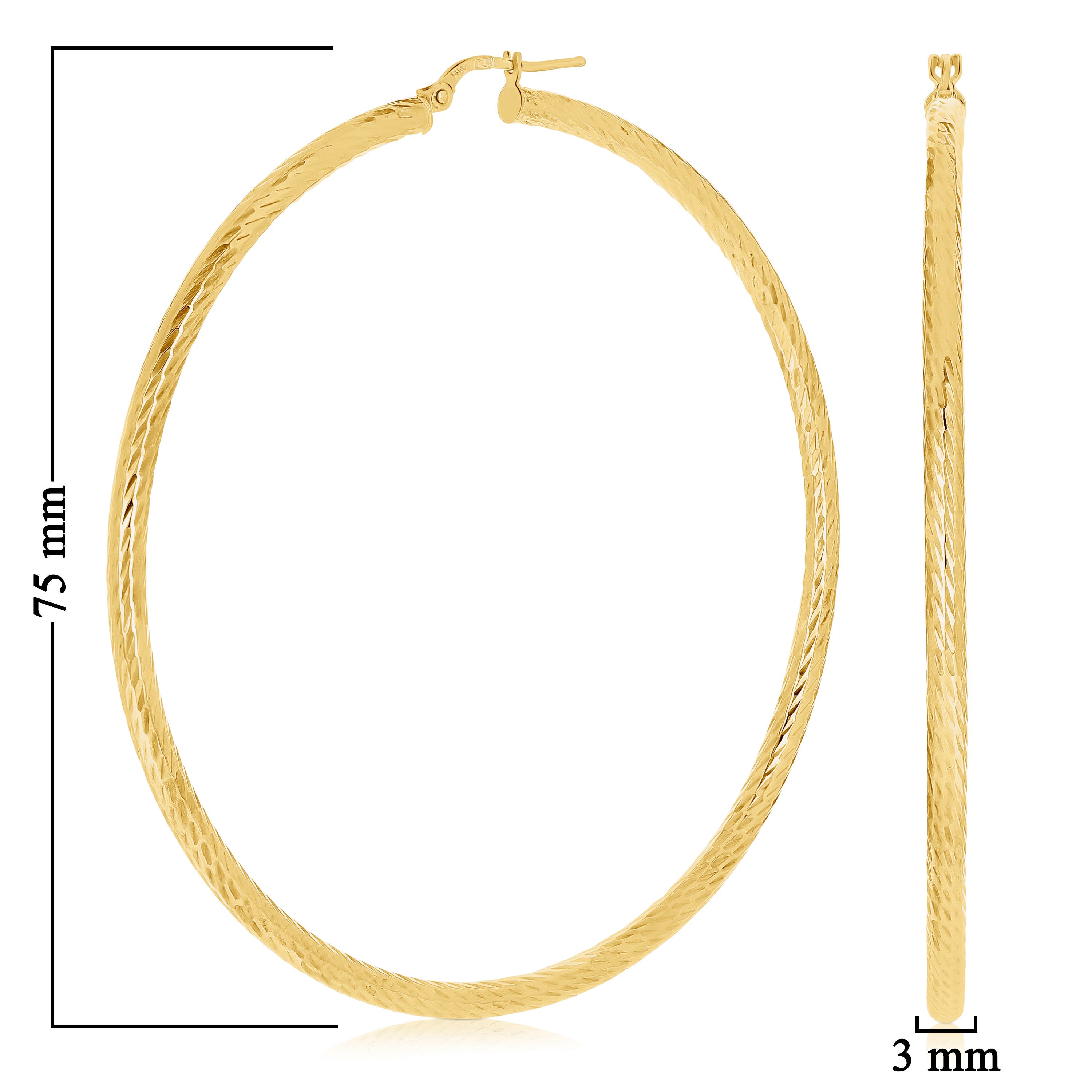 Italian 14k Yellow Gold Diamond Cut Hollow Round Hoop Earrings 3" 3mm 5.1 grams