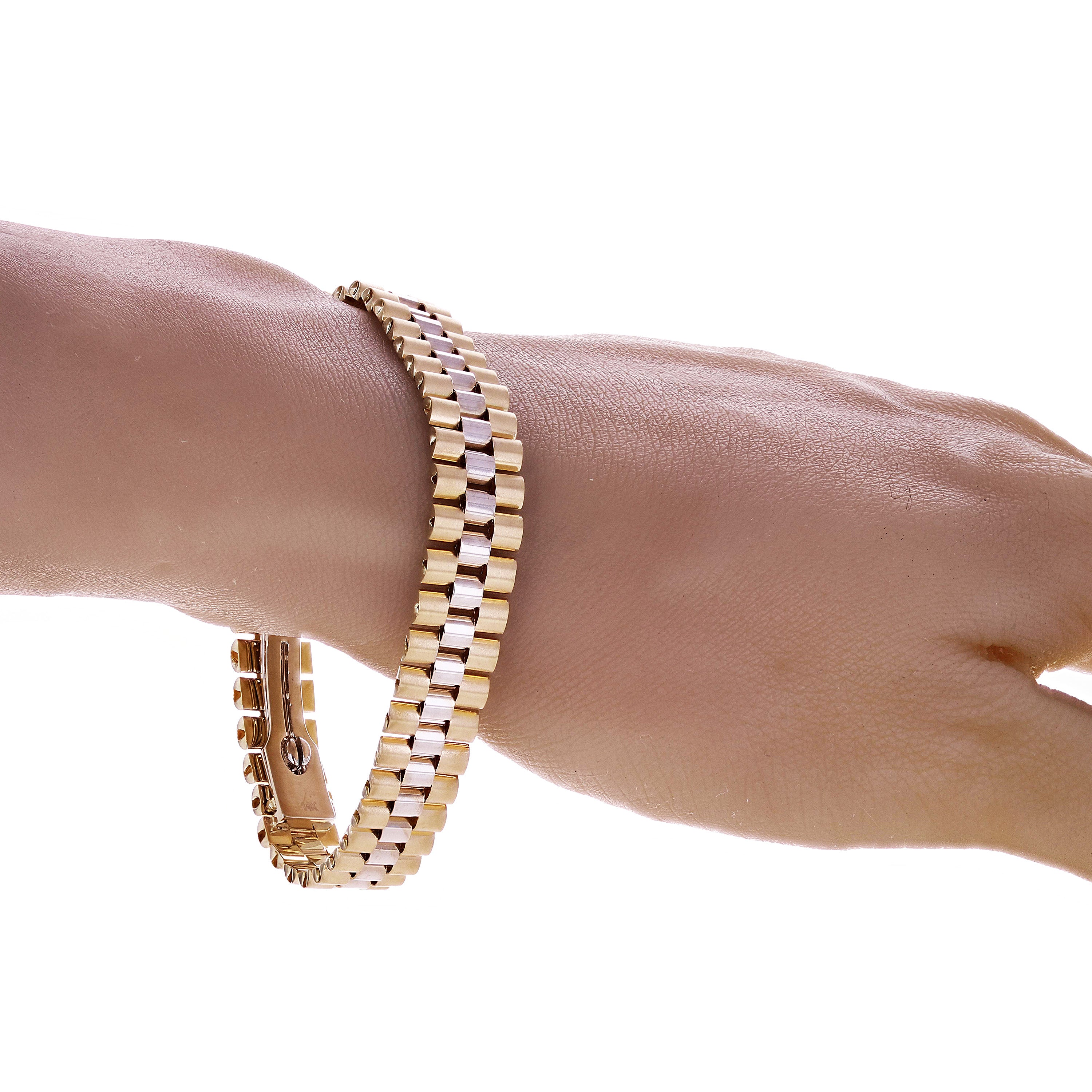 Italian Two- Tone 14k Yellow & White Gold Watch Link Bracelet 8" 11mm 27.8 grams - Yellow and White