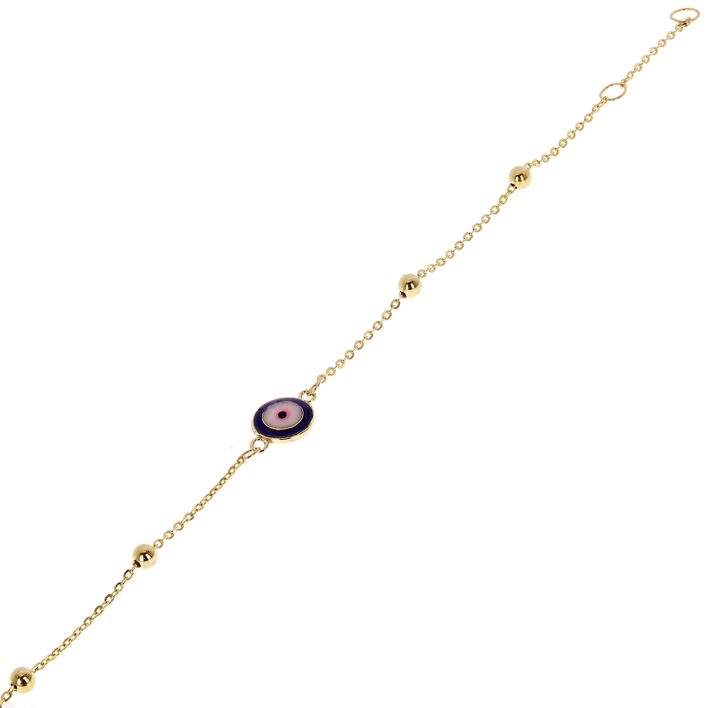 Italian 14k Yellow Gold Enamel Evil Eye Station Bracelet 7" 1.6 grams - 1 Dark Blue Eye